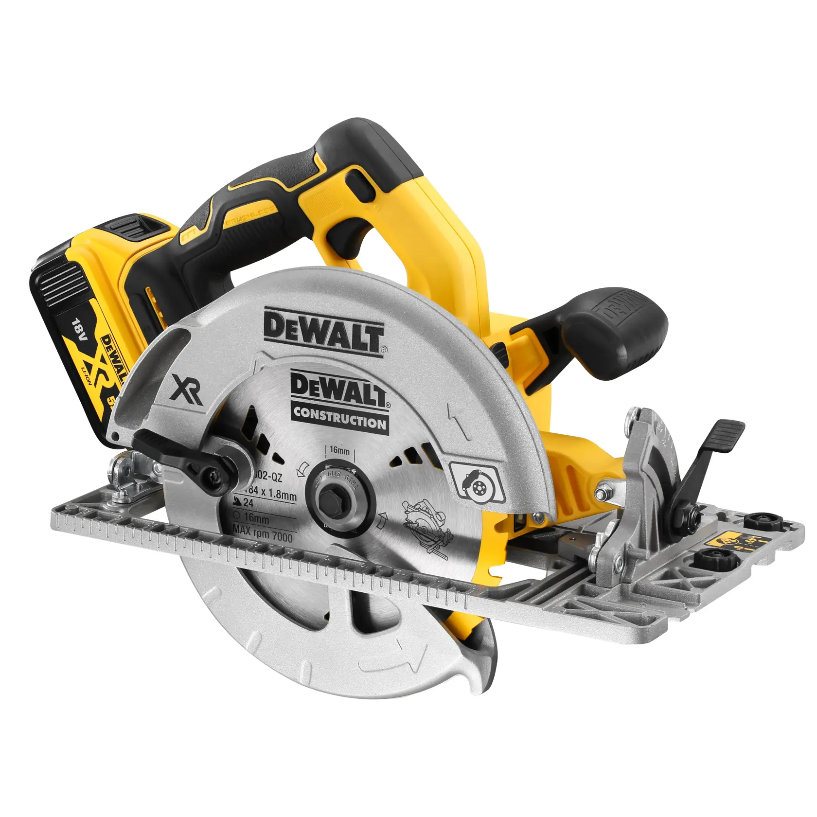DEWALT® 18V XR безчетков циркуляр, 184 мм, съвместим с направляващи релси - 2 x 5Ah