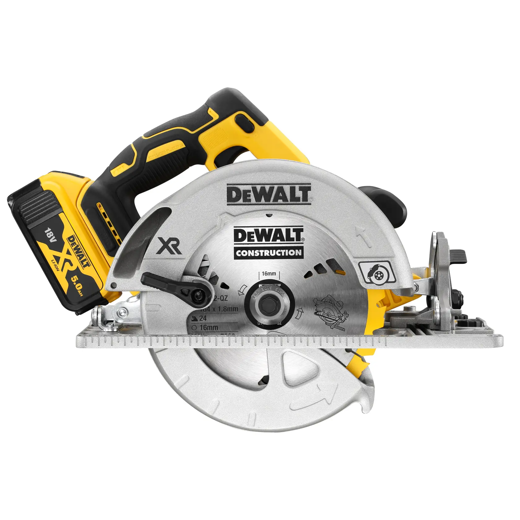 DEWALT® 18V XR безчетков циркуляр, 184 мм, съвместим с направляващи релси - 2 x 5Ah