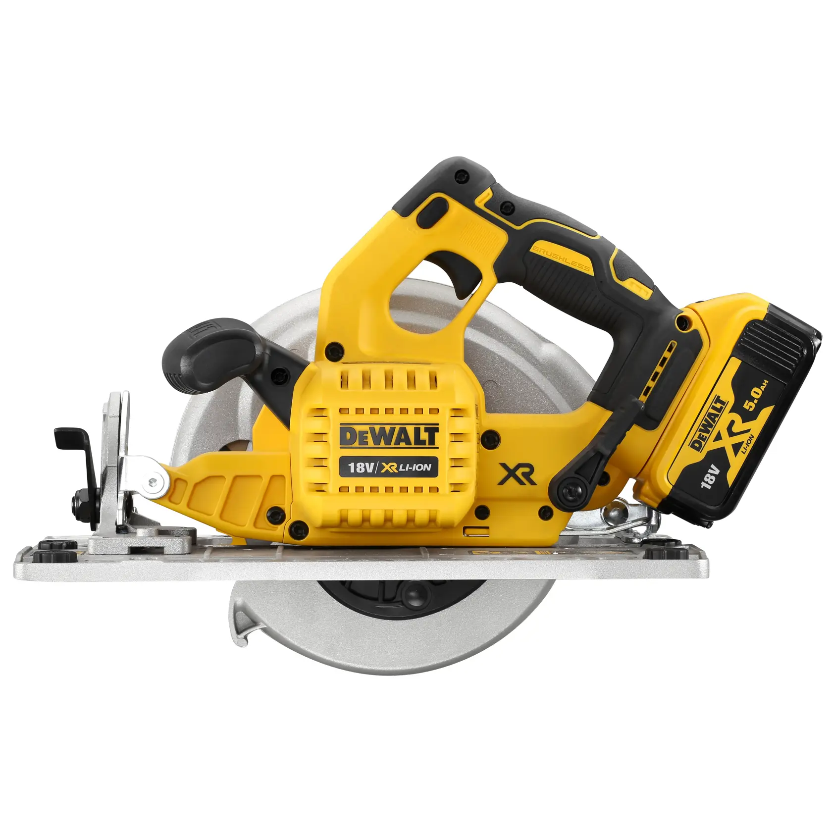 DEWALT® 18V XR безчетков циркуляр, 184 мм, съвместим с направляващи релси - 2 x 5Ah
