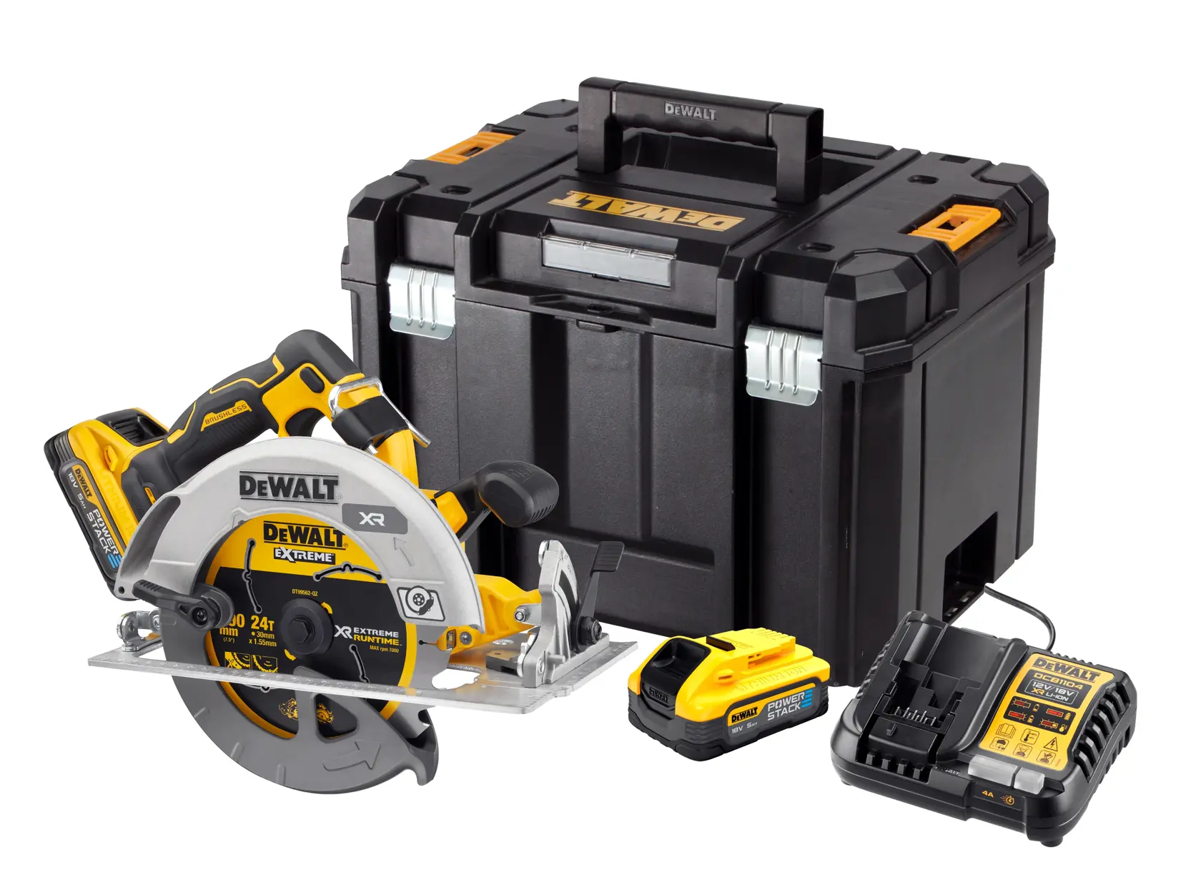 Ein DEWALT Akku-Kreissäge-Set mit einer gelb-schwarzen Kreissäge, zwei Akkus, einem Ladegerät und einem großen schwarzen Transportkoffer.