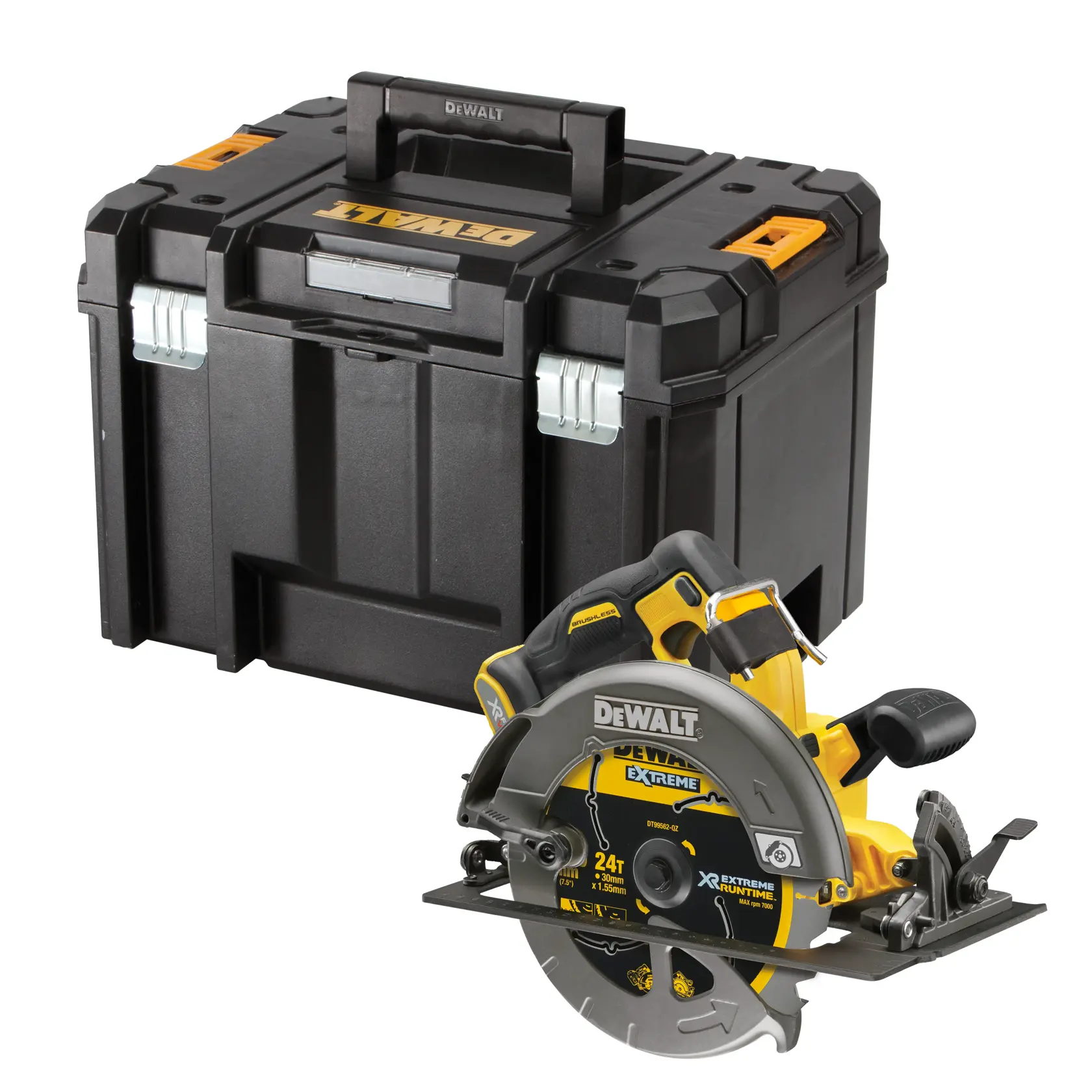 DEWALT Akku-Handkreissäge, schwarz-gelbes Design, Modell DCS578NT, geeignet für Holz und andere Materialien.