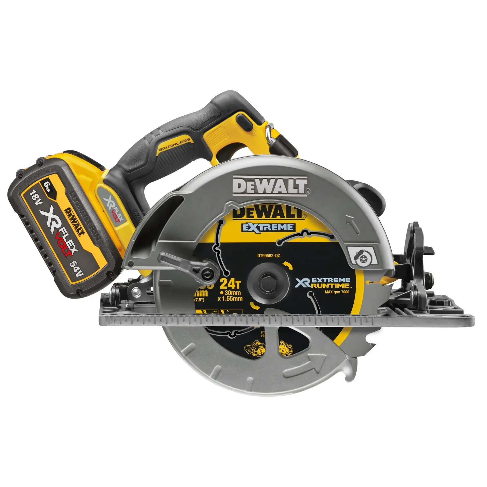 DEWALT® 54V XR FlexVOLT 190 мм циркуляр, съвместим с водещи шини - 2 x 6Ah