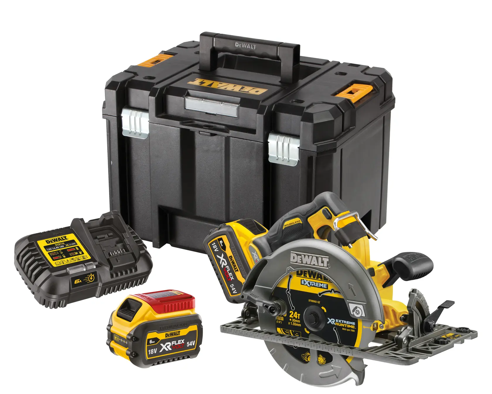 DEWALT® 54V XR FlexVOLT 190 мм циркуляр, съвместим с водещи шини - 2 x 6Ah