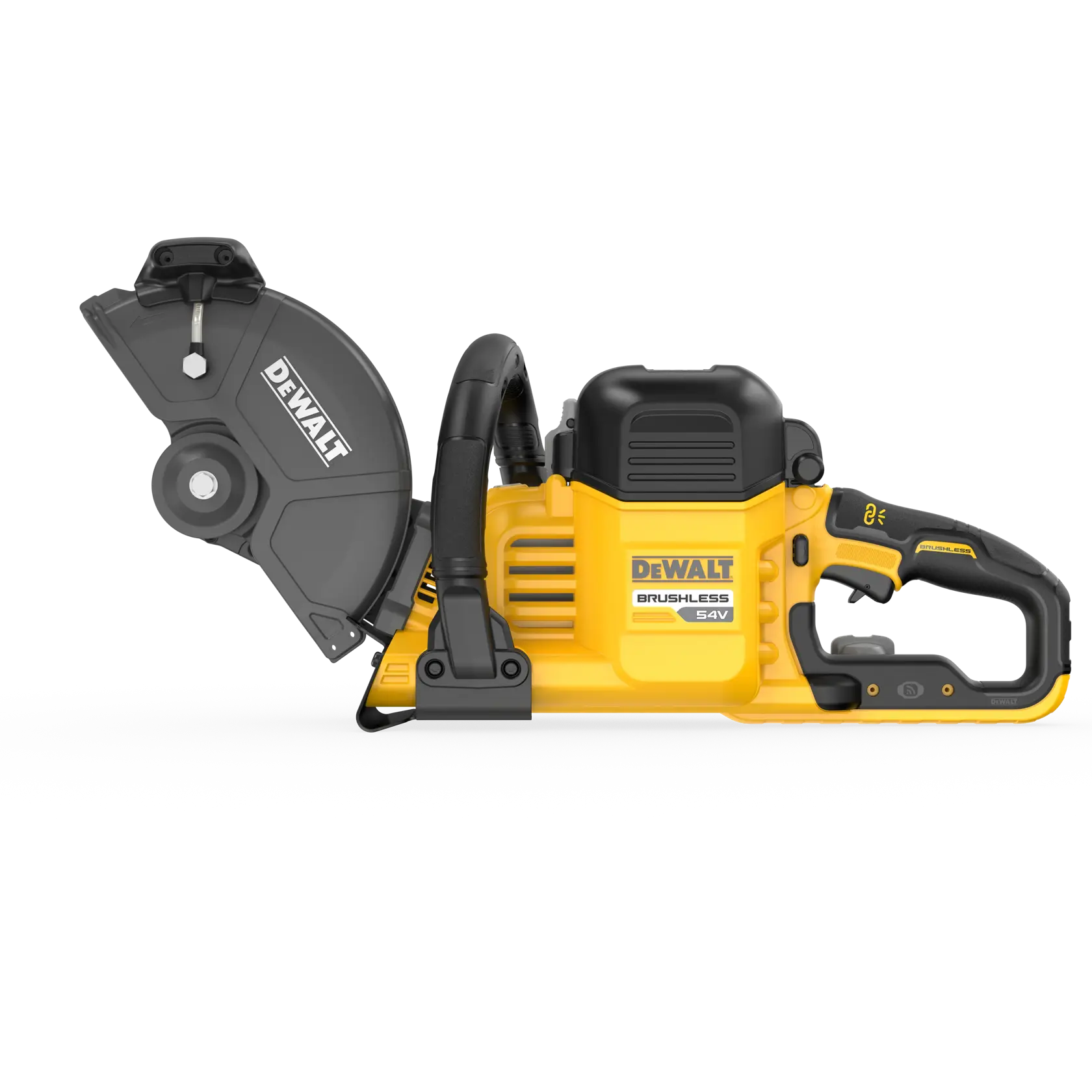 DEWALT 54V Akku-Brushless Trennschleifer, gelb-schwarz, mit Seitengriff und Schutzabdeckung.