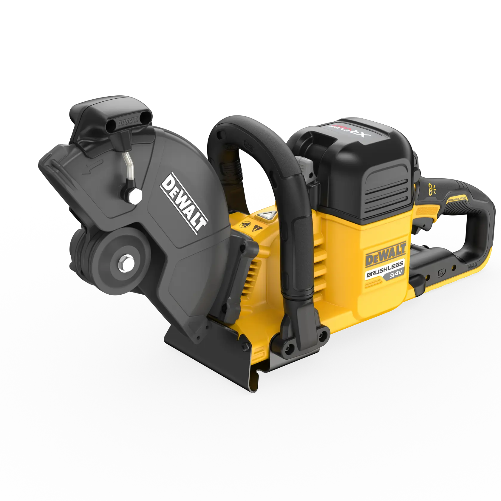DEWALT 54V bürstenlose Trennsäge, gelb-schwarz, mit Griff und Klingenschutz.