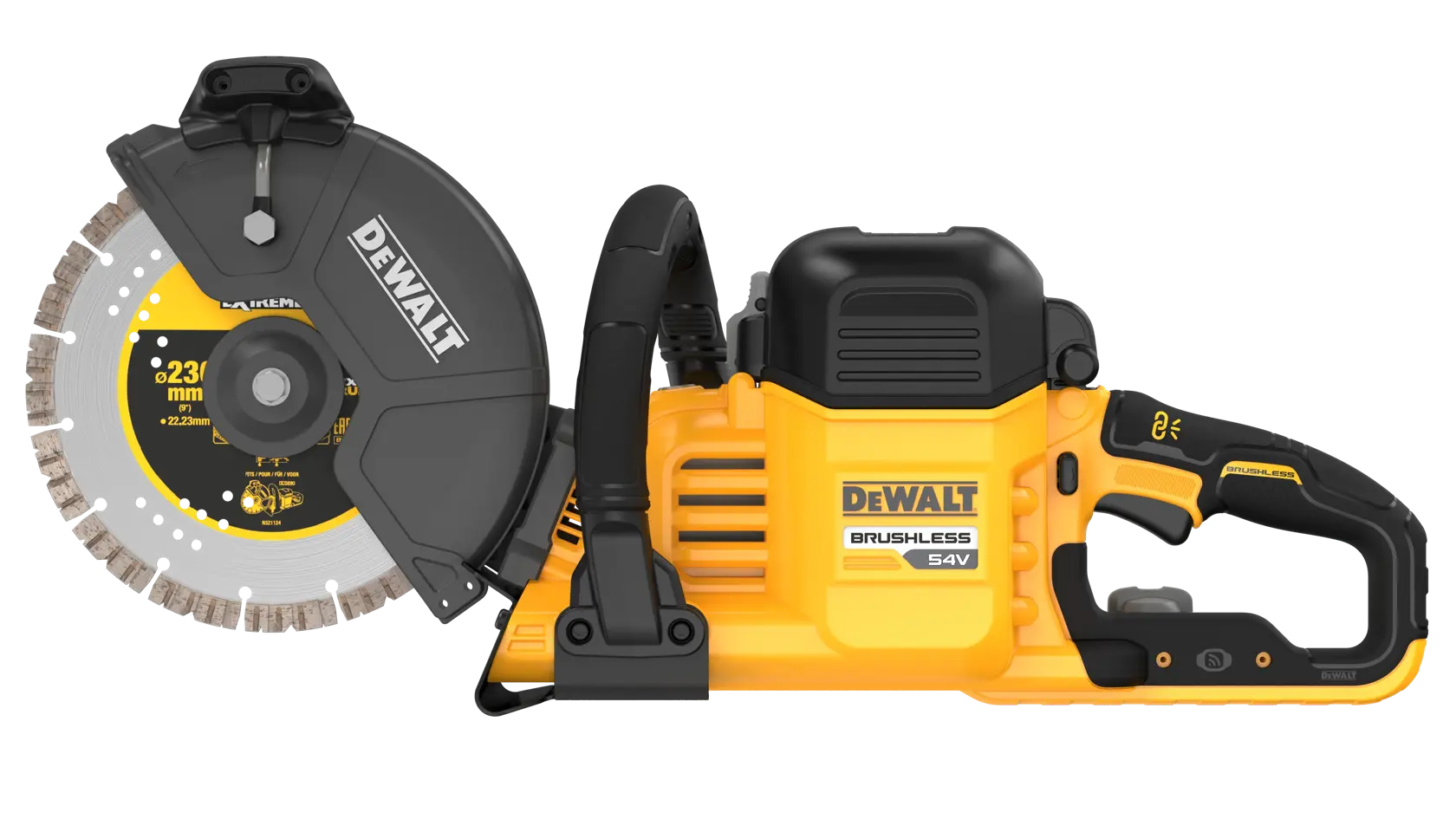 DEWALT 54V cordless brushless cut-off saw with protective cover, side handle, and cutting blade.