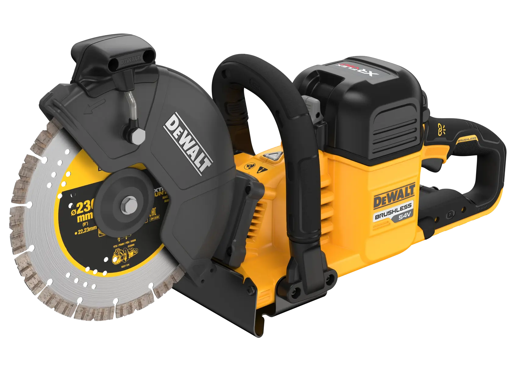 DEWALT cordless brushless 54V cut-off saw with a 230mm blade, shown in yellow and black.