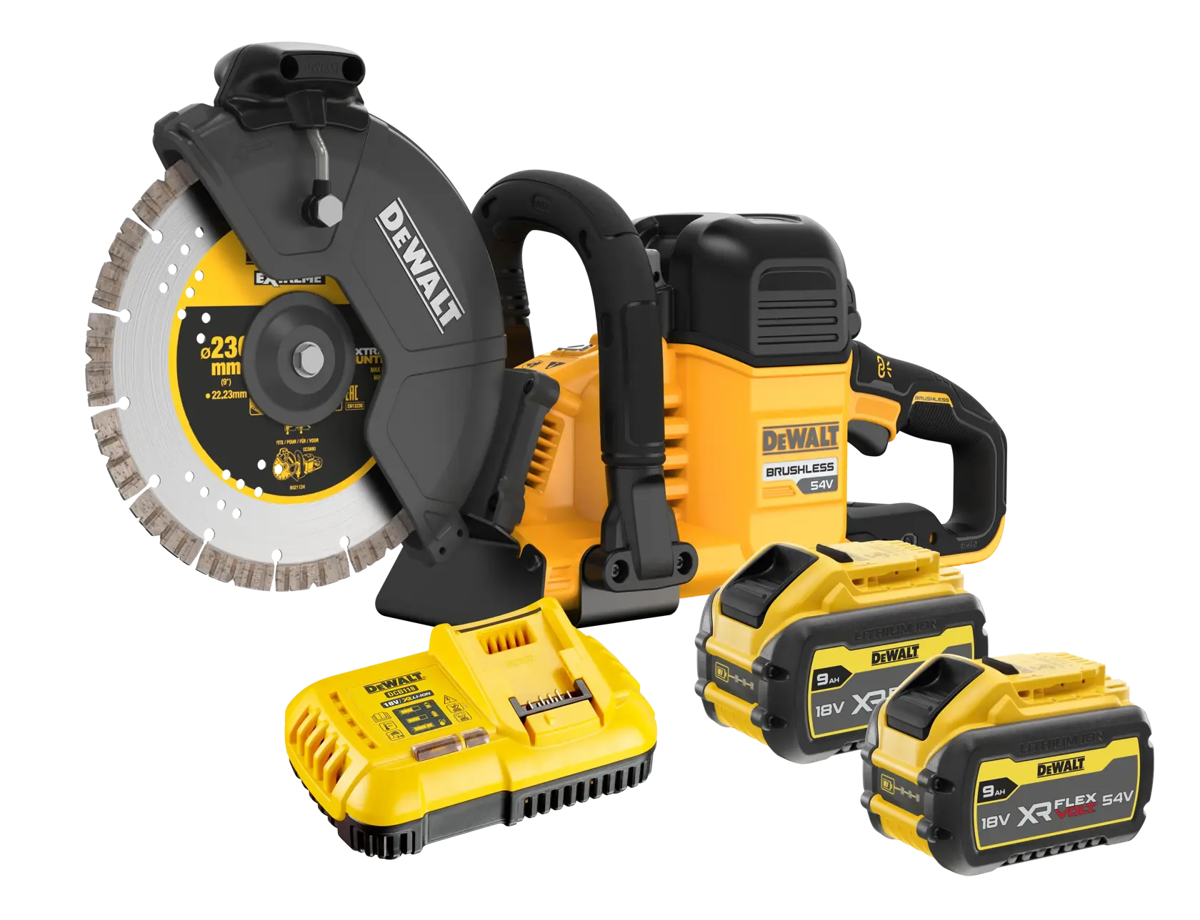 A DEWALT cordless brushless cut-off saw kit with a 230mm disc, shown with two 18V/54V XR FlexVolt batteries and a yellow battery charger.