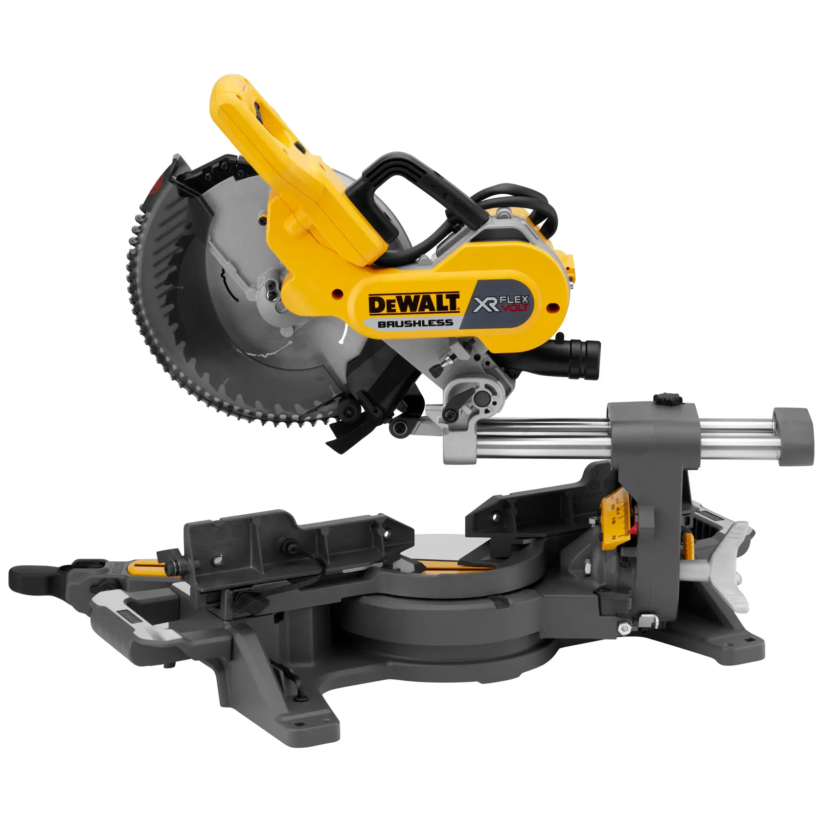 DEWALT XR FLEXVOLT Kappsäge mit Bürstenmotor, gelb-graues Gehäuse, sichtbares Sägeblatt.