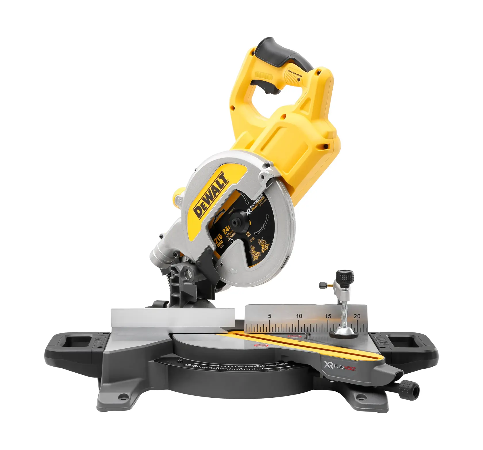 Eine kabellose DEWALT Gehrungssäge mit gelb-schwarzem Design, ausgestattet mit einem Rundsägeblatt und verstellbarer Basis für präzises Schneiden.