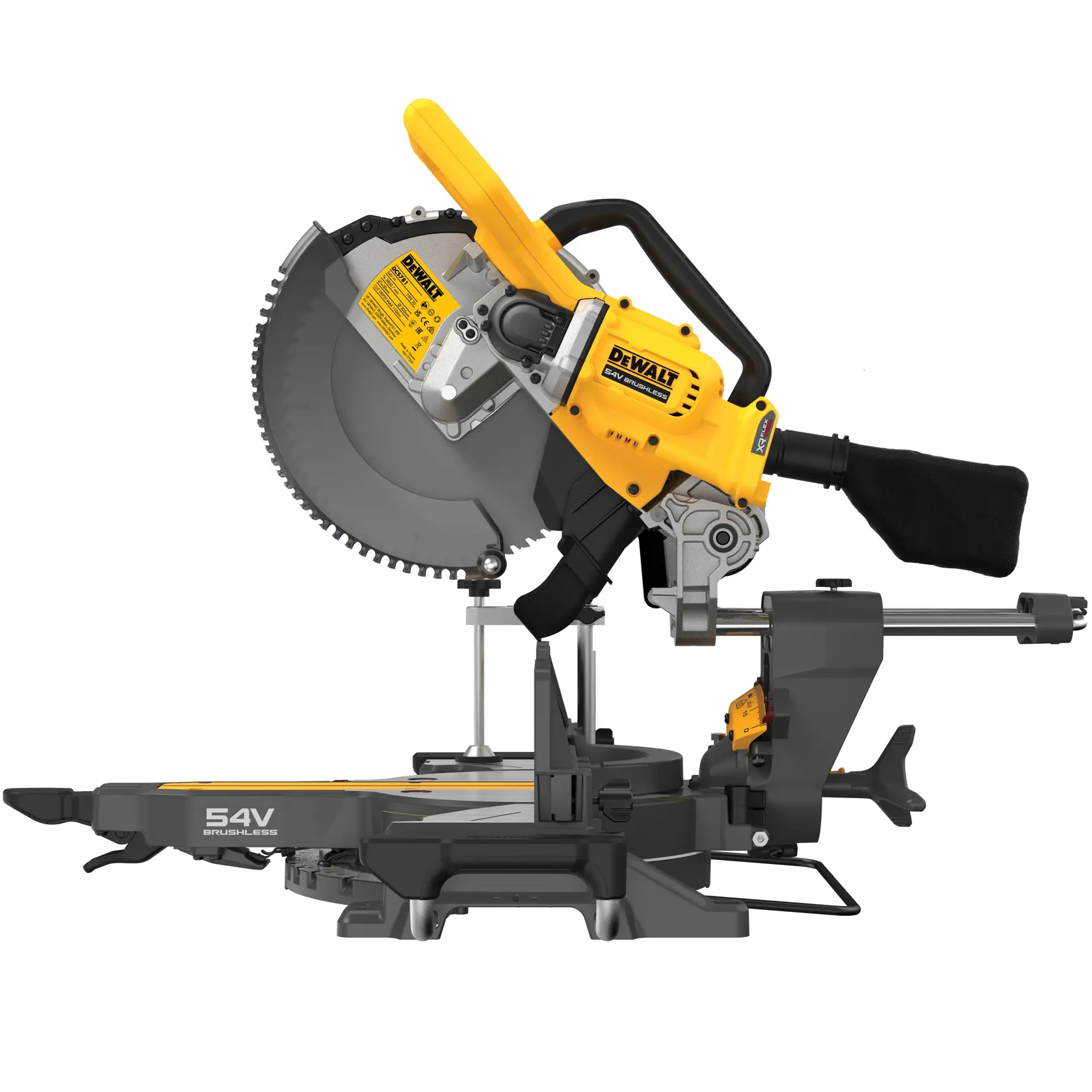 DEWALT DCS781N Akku-Kappsäge, bürstenlos, gelb-schwarz, Seitenansicht.