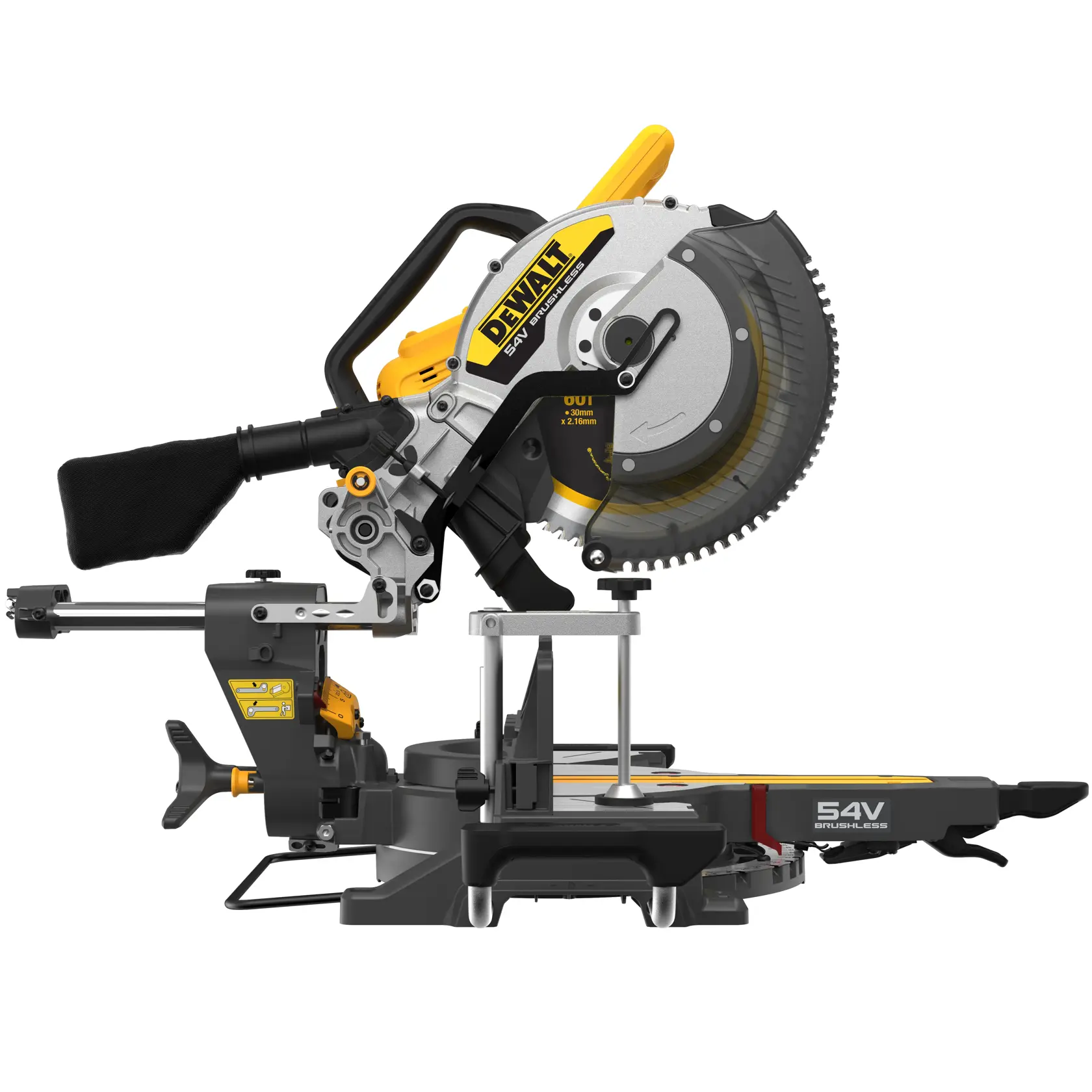 DEWALT 54V Akku-Gehrungssäge mit Schiebearm und Staubbeutel auf weißem Hintergrund.