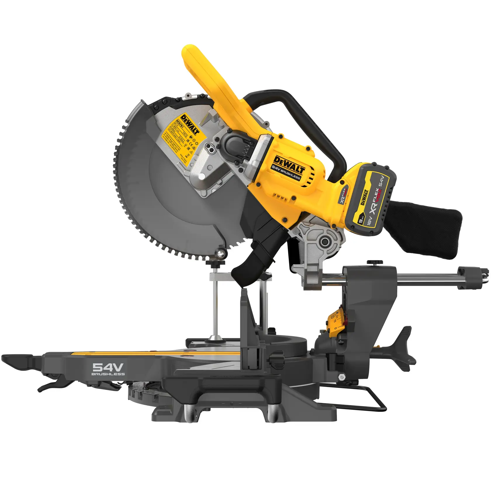 DEWALT Säge, Fotografie, SKUs DCS781X2-QW und DCS781X2, gelb-schwarz, Seitenansicht.