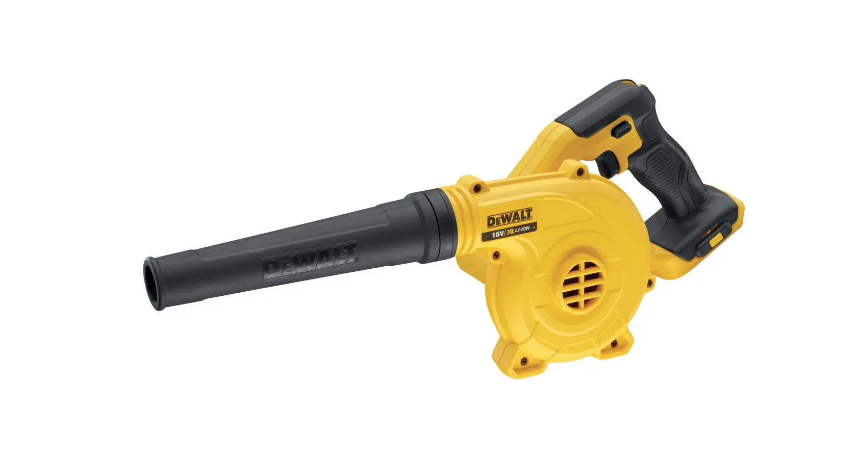 DEWALT photography product, DCV100 and DCZ1201P3-XE SKUs, shown as a compact yellow blower tool.