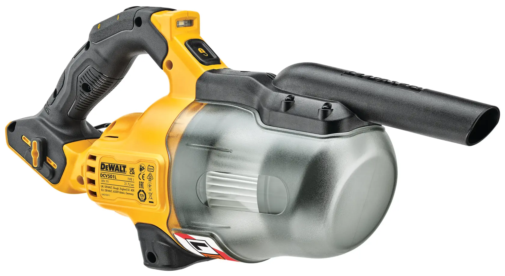 A DEWALT DCV501LN cordless handheld vacuum cleaner with a black and yellow design, transparent dust container, and ergonomic grip, shown on a white background.
