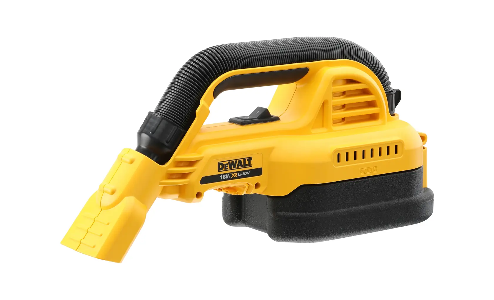 Aspiradora portátil inalámbrica DEWALT DCV517N amarilla con manguera flexible sobre fondo blanco.