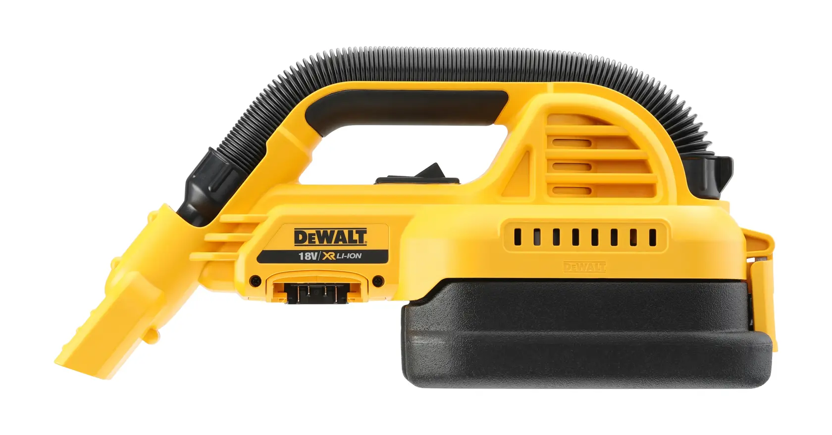 Aspirador portátil DEWALT DCV517N 18V con manguera, amarillo y negro, vista lateral.