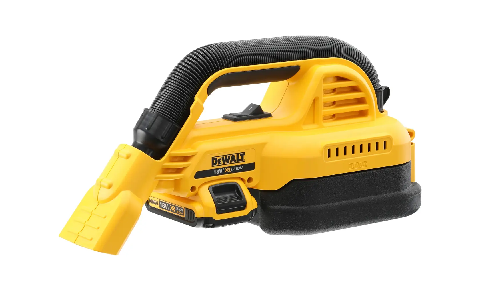 Aspirador portátil inalámbrico DEWALT DCV517N 18V, amarillo con detalles negros y manguera flexible.