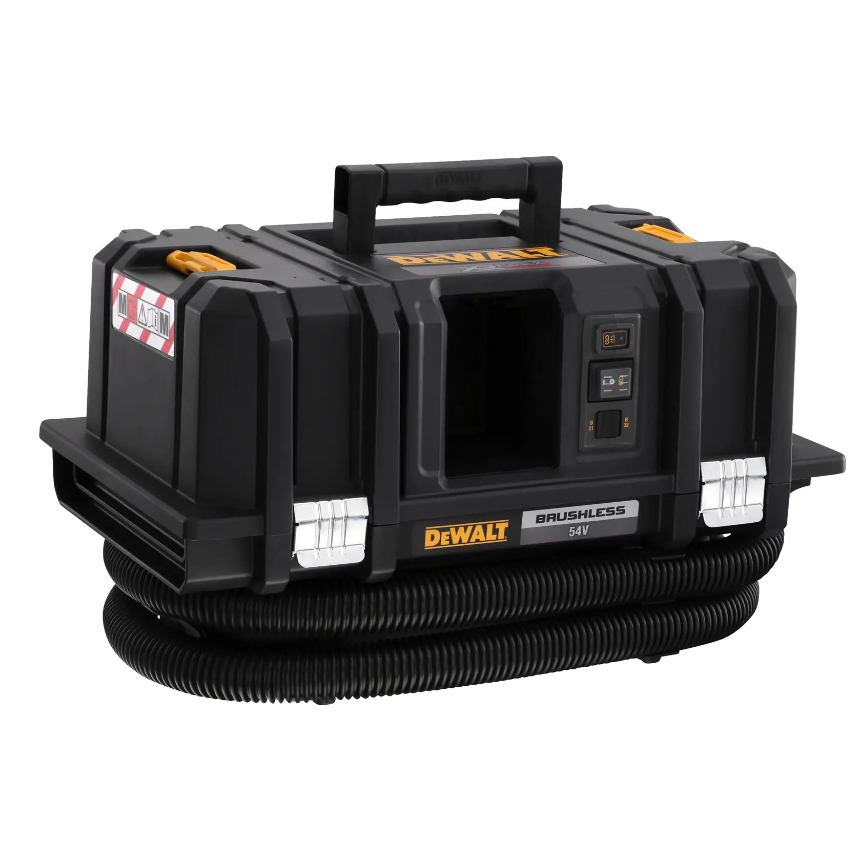 DEWALT DCV586MN 54V brushless portable vacuum with handle and hose, black and yellow, for jobsite cleaning.