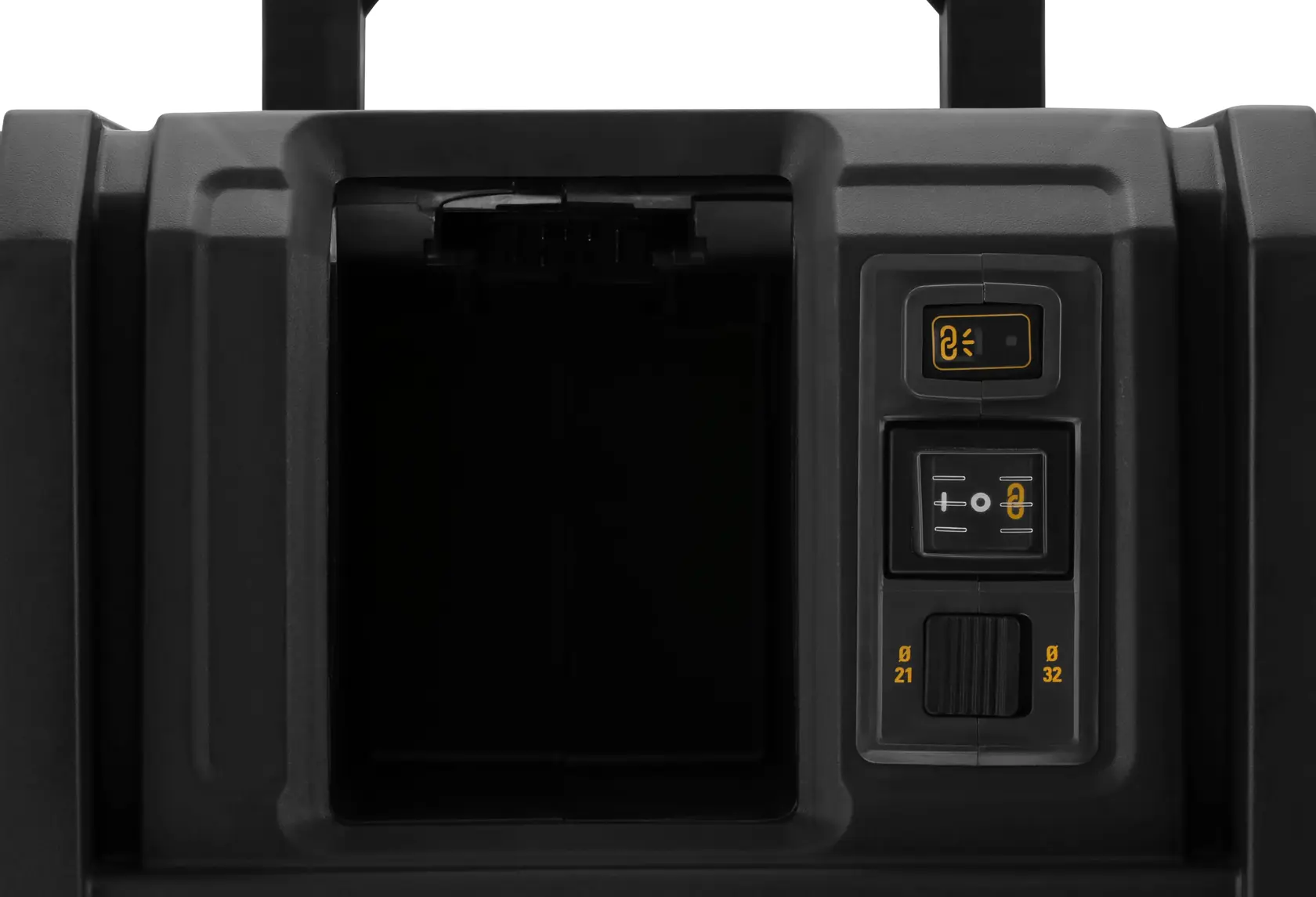 Primer plano del panel de control DEWALT DCV586MN, con botones y dial en un dispositivo negro.