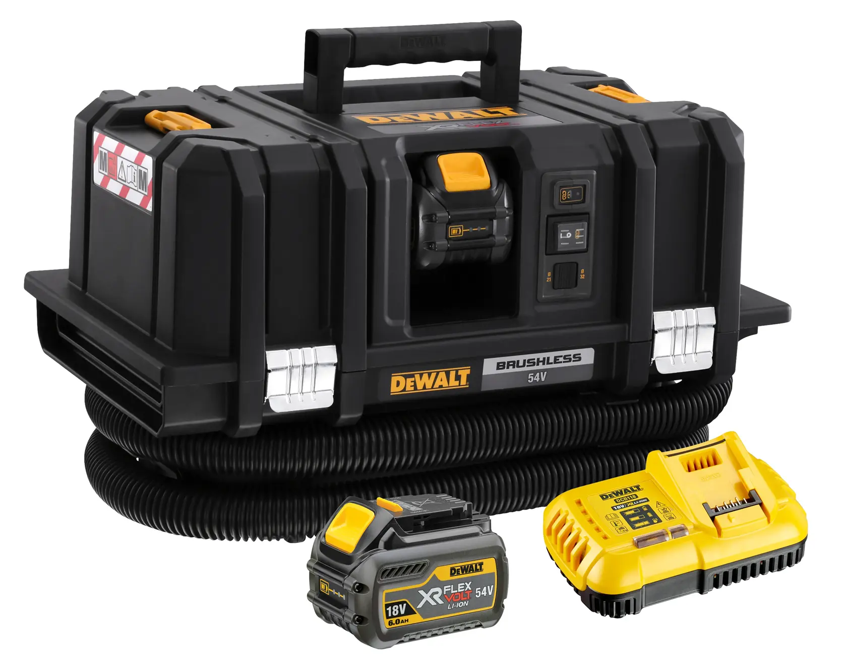 DEWALT 54V brushless dust extractor with battery and charger shown together.