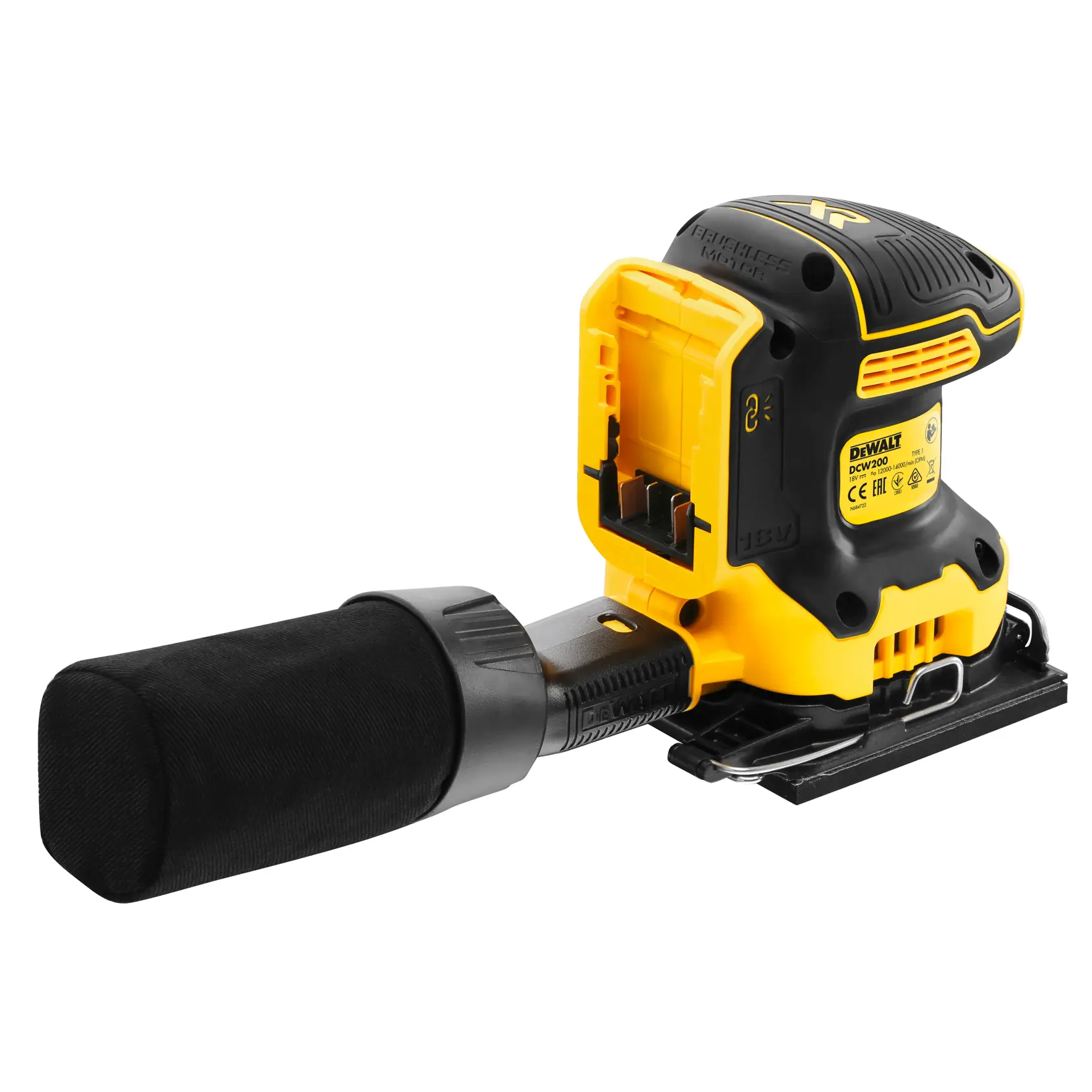 Lijadora a batería DEWALT DCW200NT amarilla y negra con bolsa de polvo y espacio para batería.