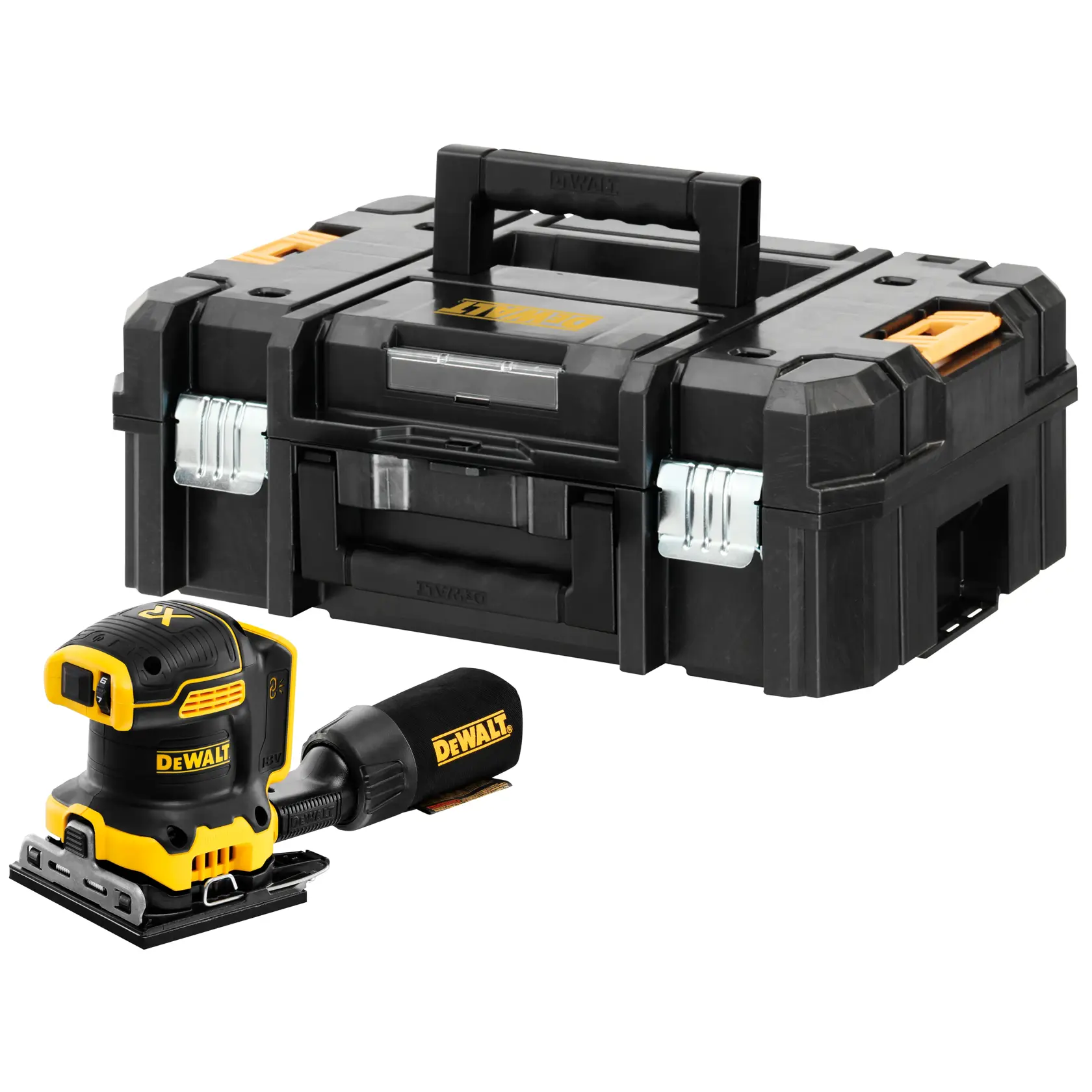 Lijadora DEWALT con colector de polvo y maletín negro y amarillo sobre fondo blanco.