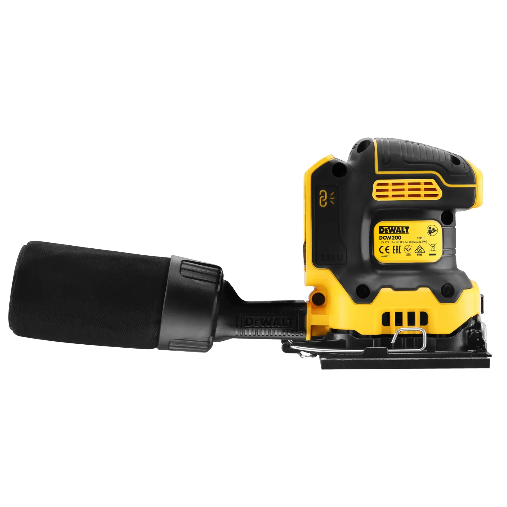 DEWALT DCW200N cordless yellow and black sander with dust bag, shown in side profile on white background.