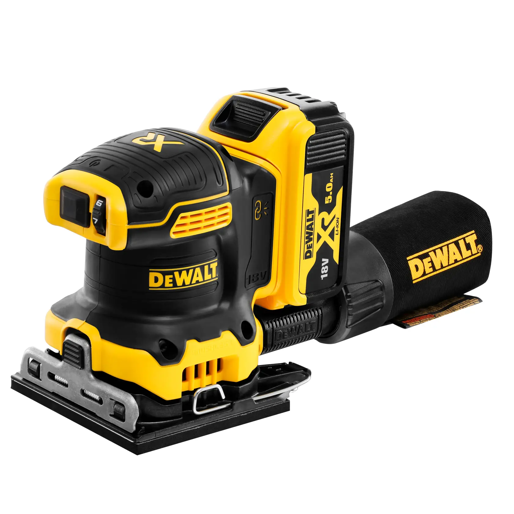 DEWALT cordless electric sander, 18V with dust bag, compact, yellow and black.