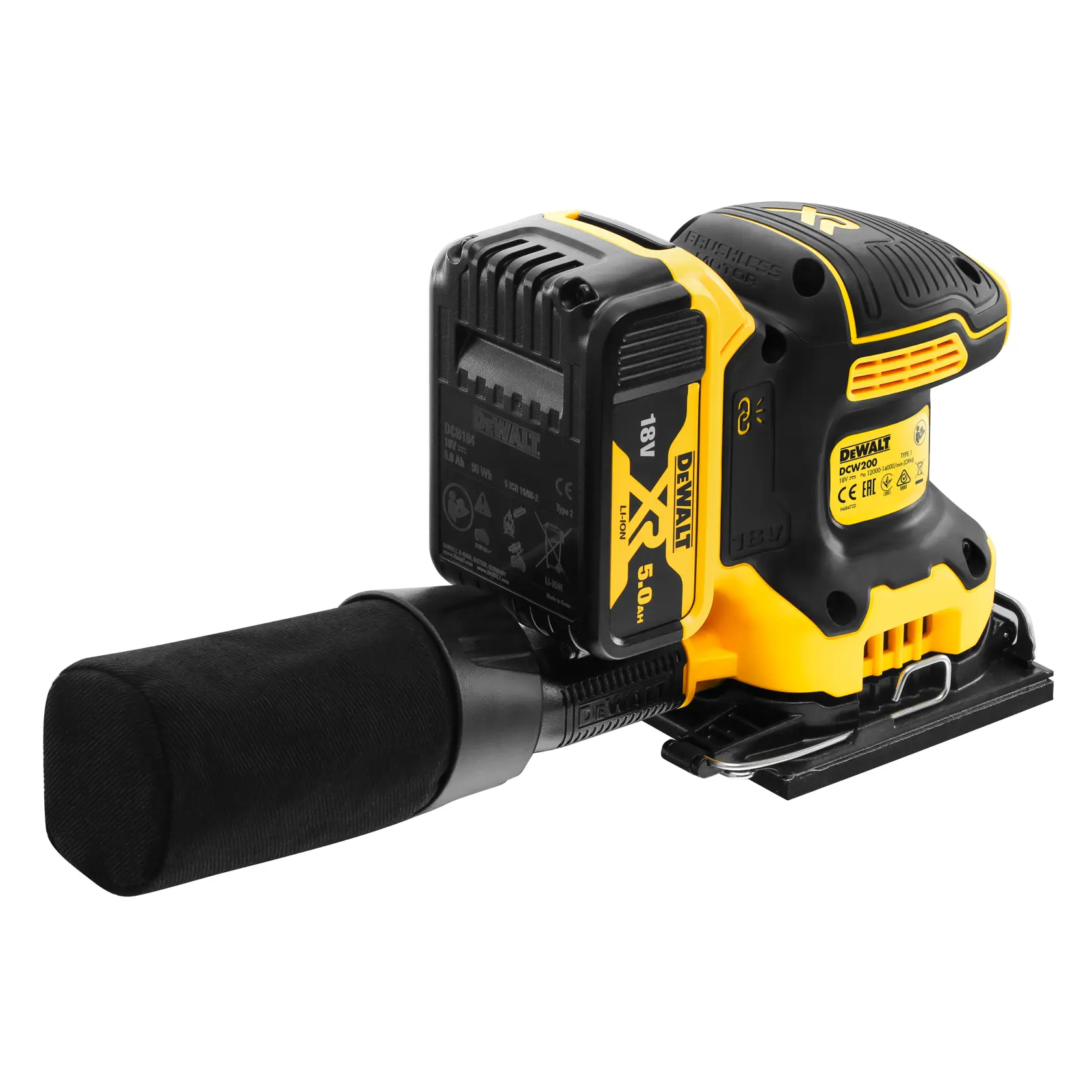 Lijadora inalámbrica DEWALT DCW200P2 con batería 18V y bolsa para polvo, en amarillo y negro.