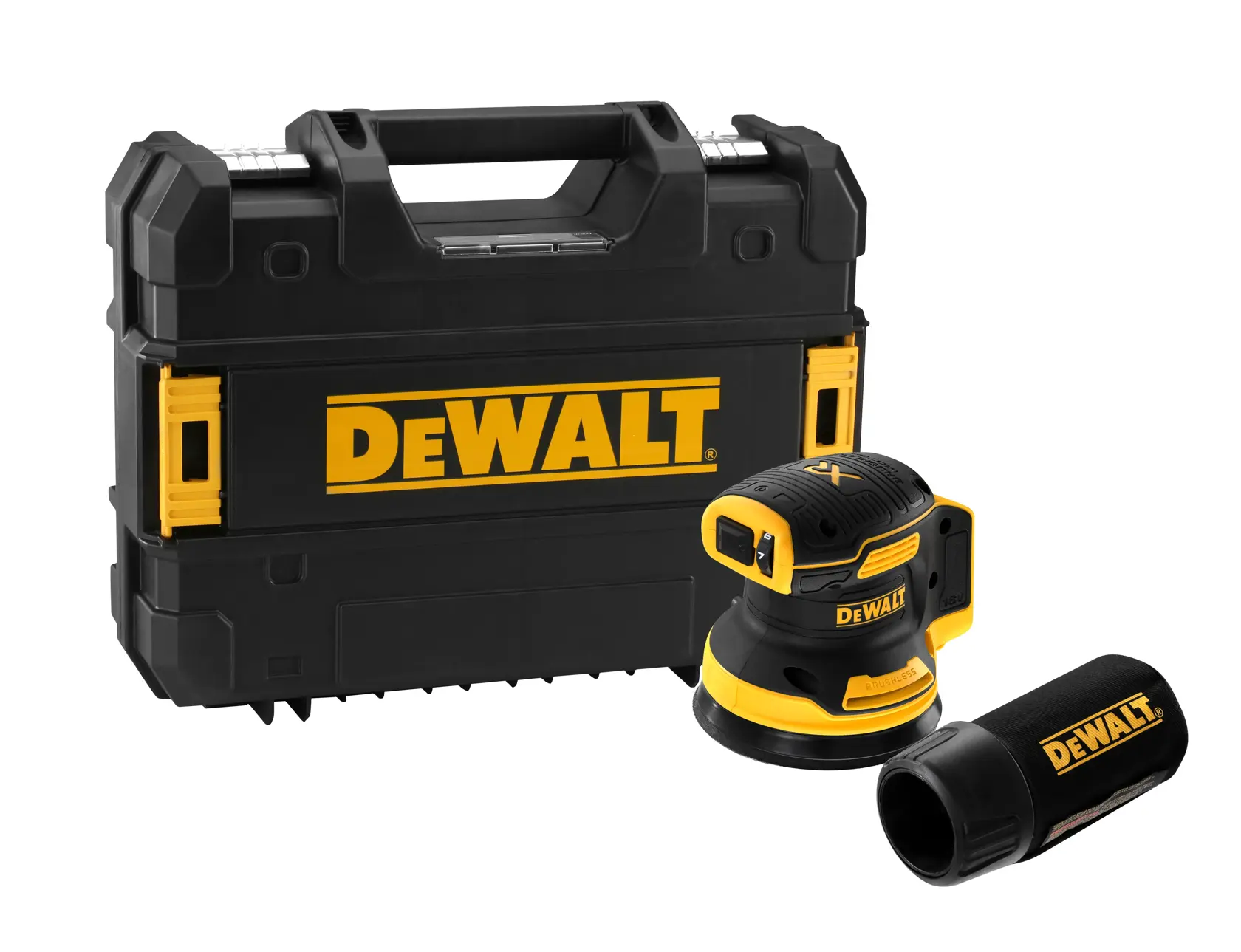 DEWALT cordless sander with dust collector and hard carrying case, all in black and yellow.