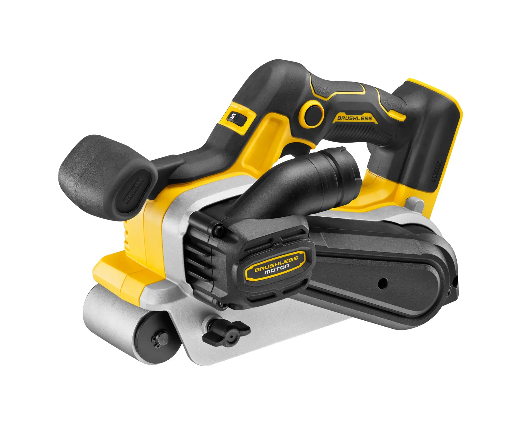 DEWALT Akku-Bandschleifer mit bürstenlosem Motor, schwarz-gelb, auf weißem Hintergrund.