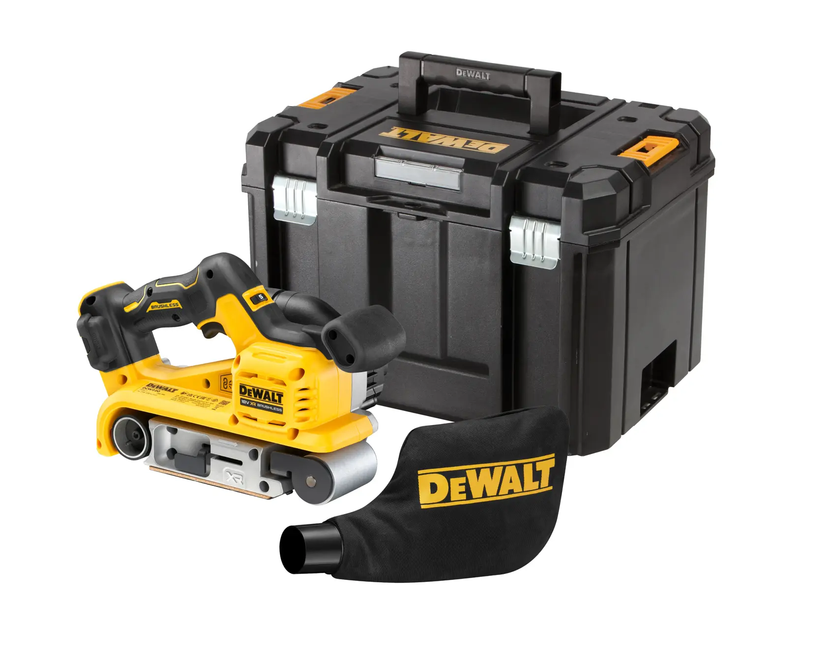 DEWALT 18V XR cordless belt sander, yellow and black, with ergonomic handle, shown on a white background.