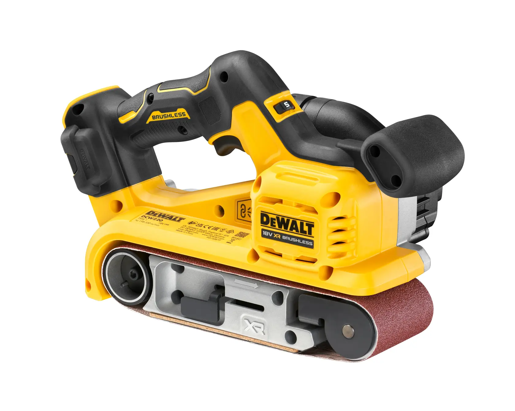 DEWALT cordless belt sander with yellow and black design, used for smoothing wood surfaces.