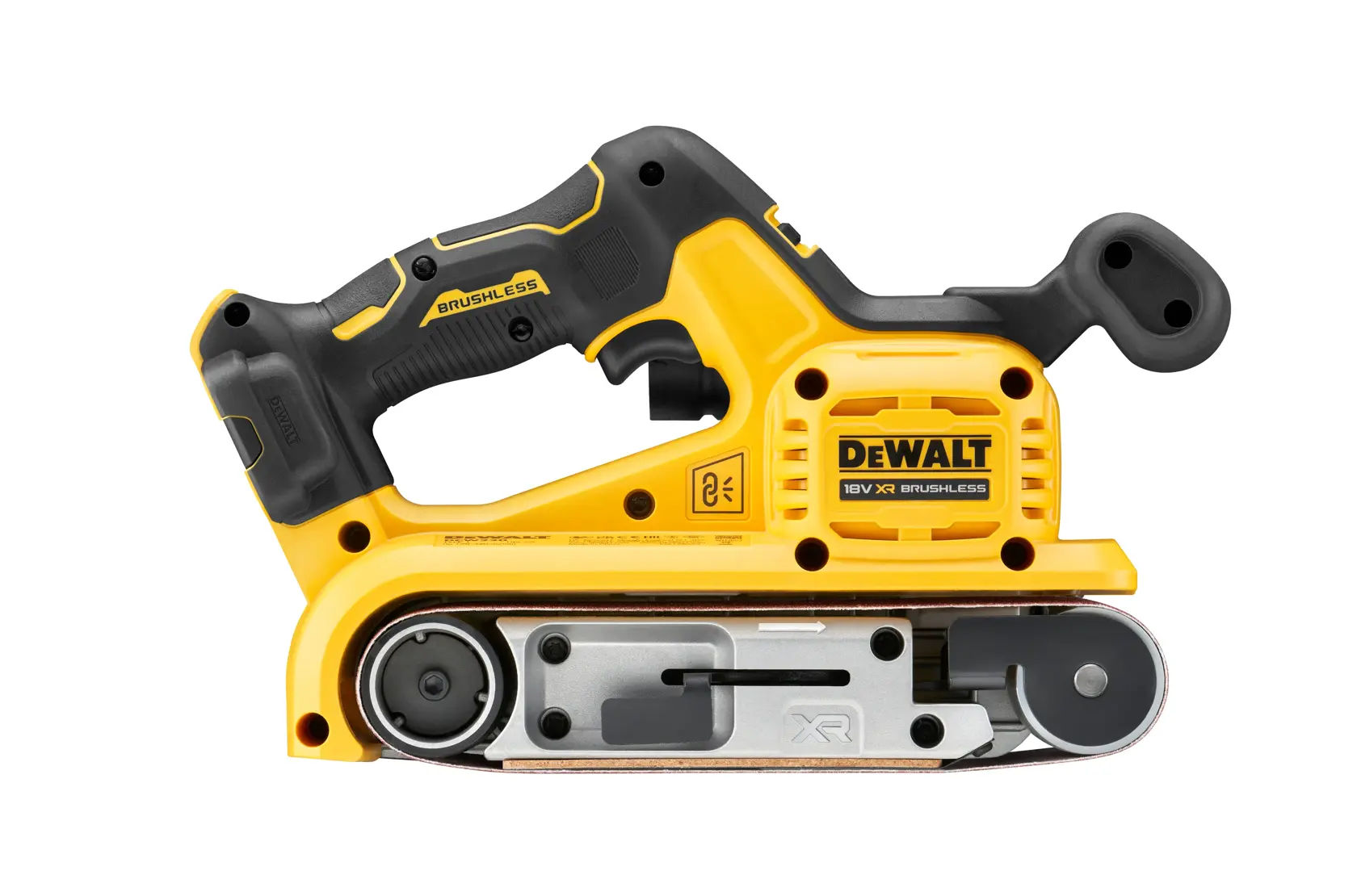 DEWALT cordless belt sander with black and yellow design, ergonomic handle and brushless motor.