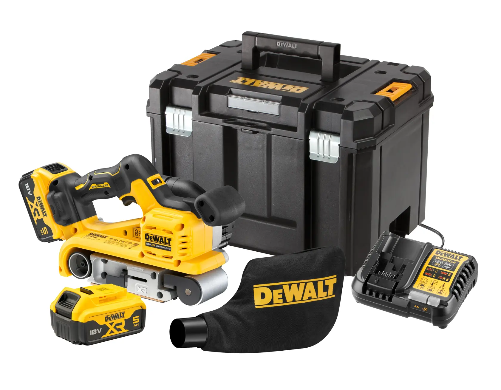 DEWALT cordless belt sander kit with batteries, charger, dust bag, and hard carrying case. All items shown together.