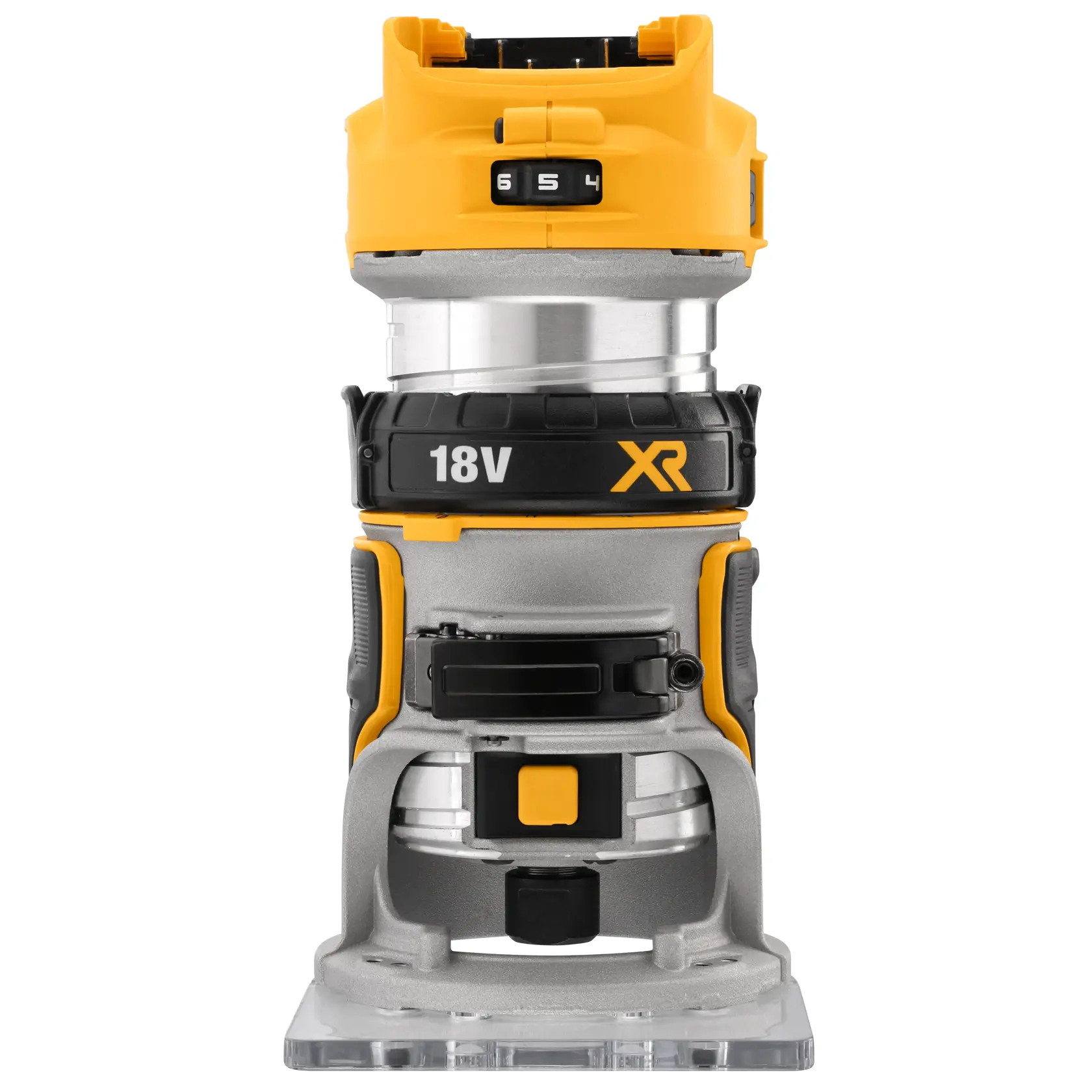 Front view of a DEWALT 18V XR cordless compact router, model DCW600N. The tool features a yellow and black design with visible speed adjustment dial and grip areas.