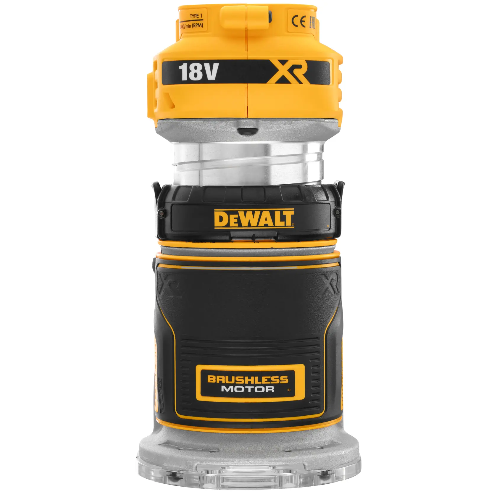 Front view of a DEWALT DCW600N cordless compact router with a yellow and black color scheme, featuring an 18V XR brushless motor and a clear base.