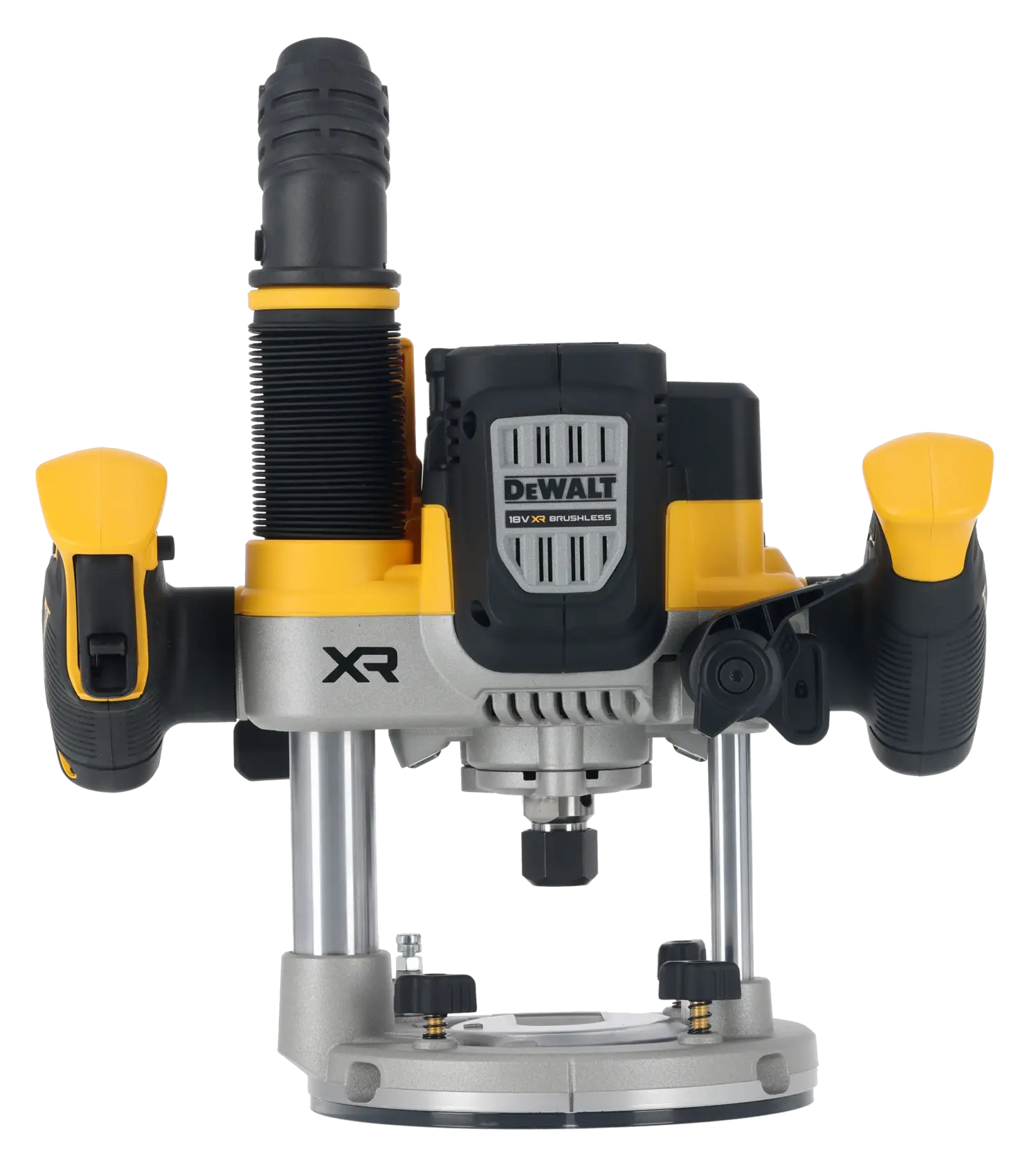 Fresadora inalámbrica DEWALT DCW620NT amarilla y negra, vista frontal con asas y base.