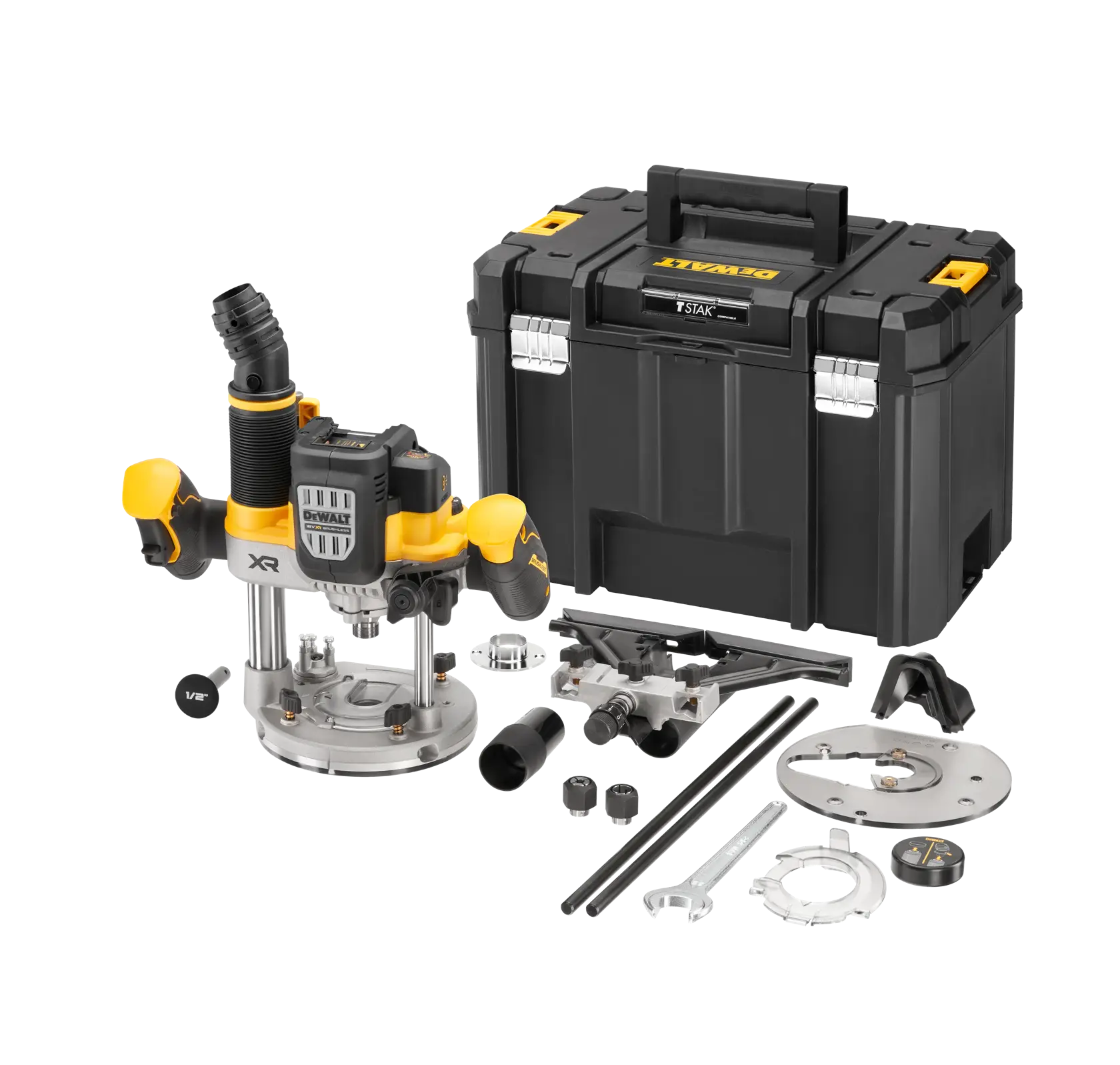 DEWALT plunge router with accessories and sturdy storage case. Multiple attachments are shown.