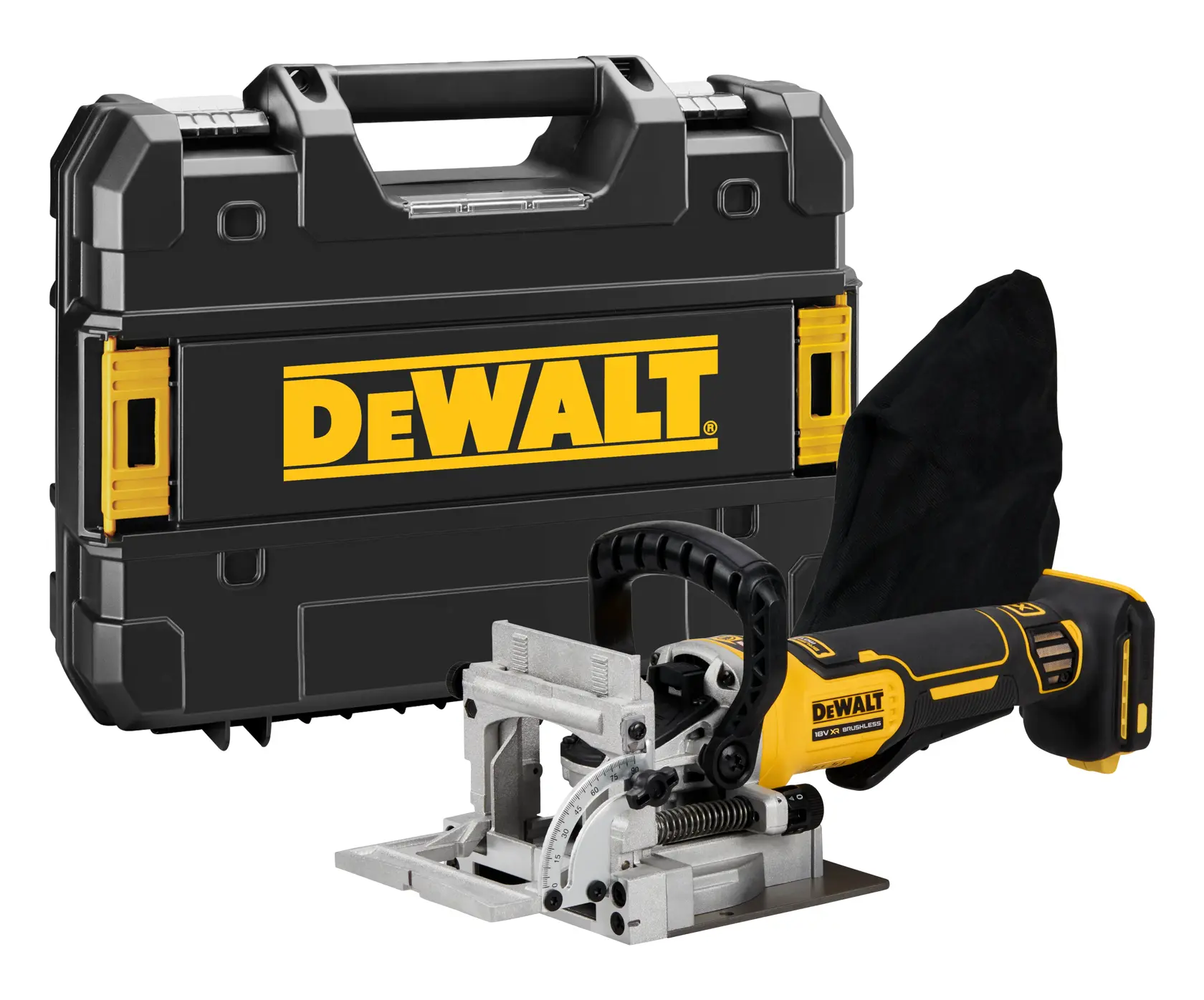 Cordless DEWALT biscuit joiner with a yellow and black body, ergonomic handle, metal cutting base, and attached dust bag, used for woodworking.