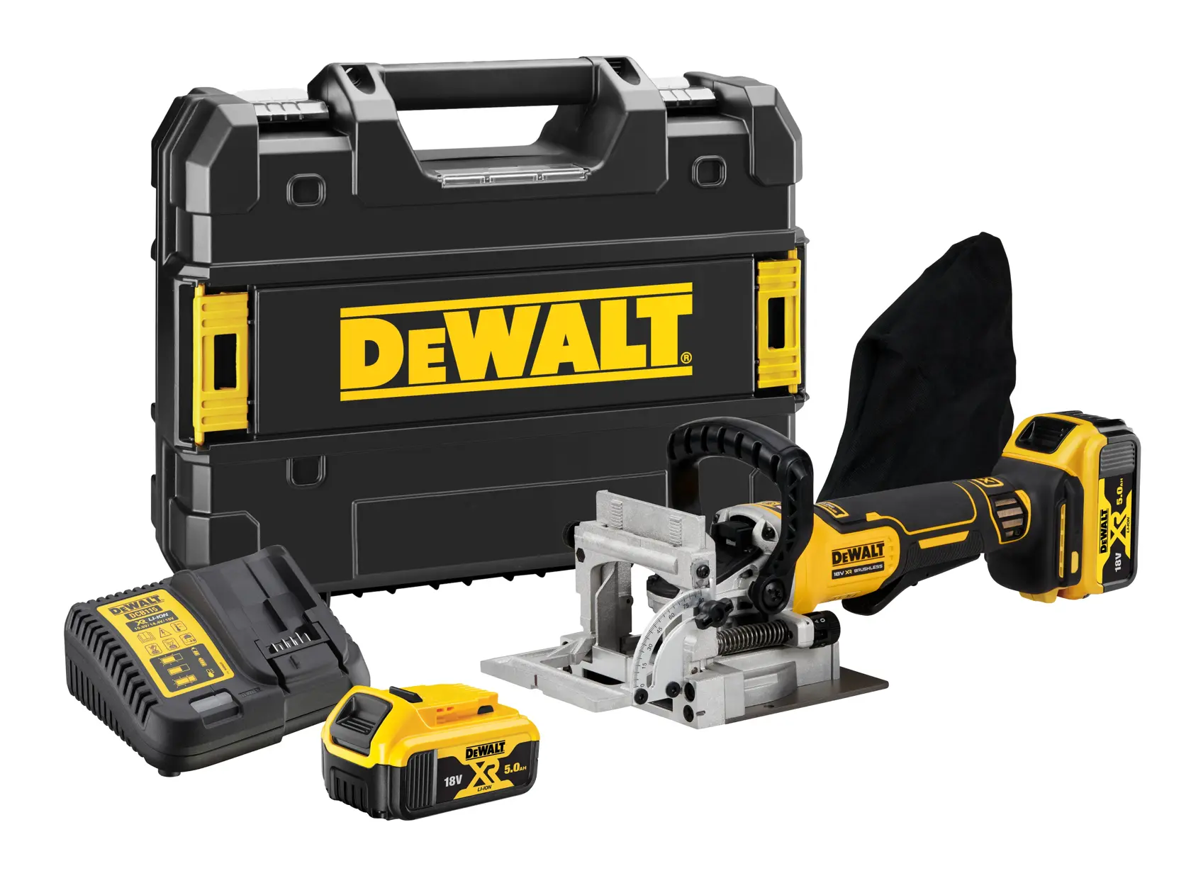 DEWALT biscuit joiner, Photography category, SKUs DCW682P2-QW, DCW682P2. Yellow black cordless tool.