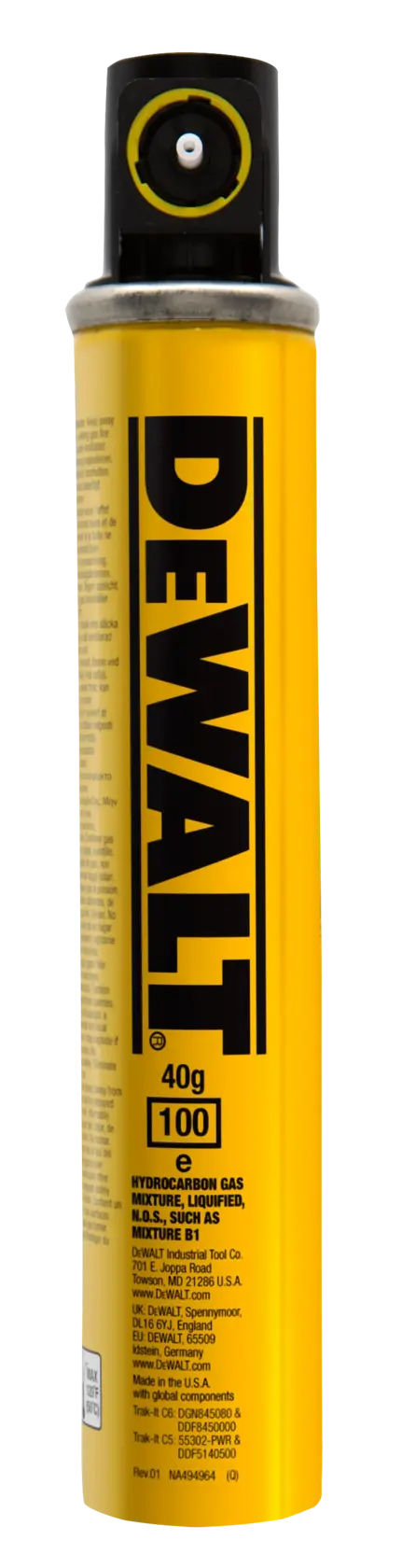 Yellow DEWALT gas canister with black cap, labeled for professional use, upright on a white background.