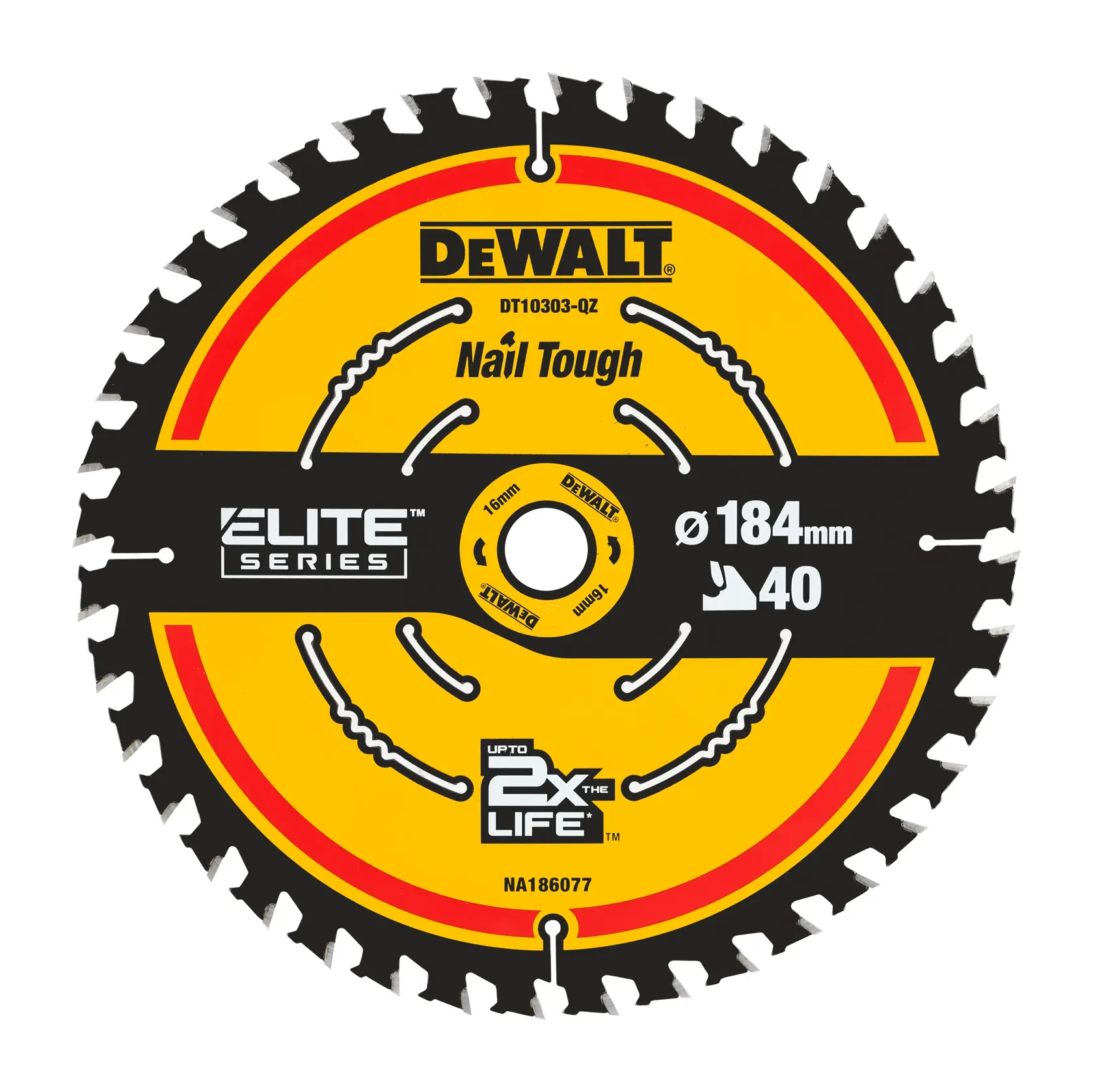 DEWALT DT10303 circular saw blade, Elite Series, Nail Tough, 184mm diameter, 40 teeth, yellow and black.