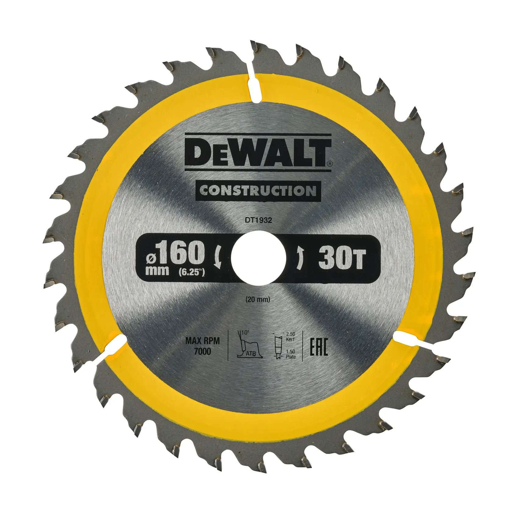 DEWALT DT1932 160mm circular saw blade for construction, silver with yellow trim and 30 teeth.