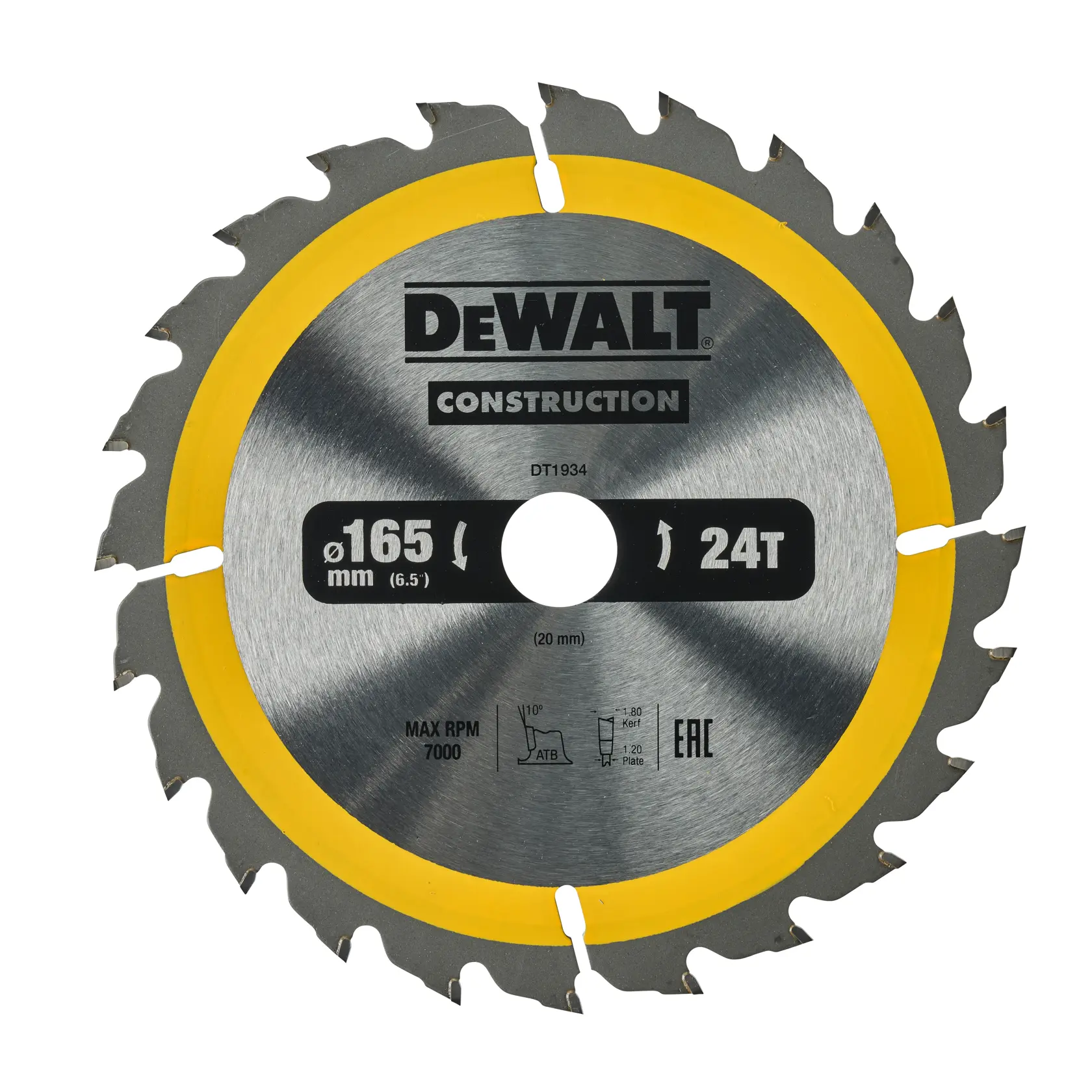 DEWALT DT1934 construction circular saw blade, 165mm diameter, 24 teeth, silver with yellow rim.
