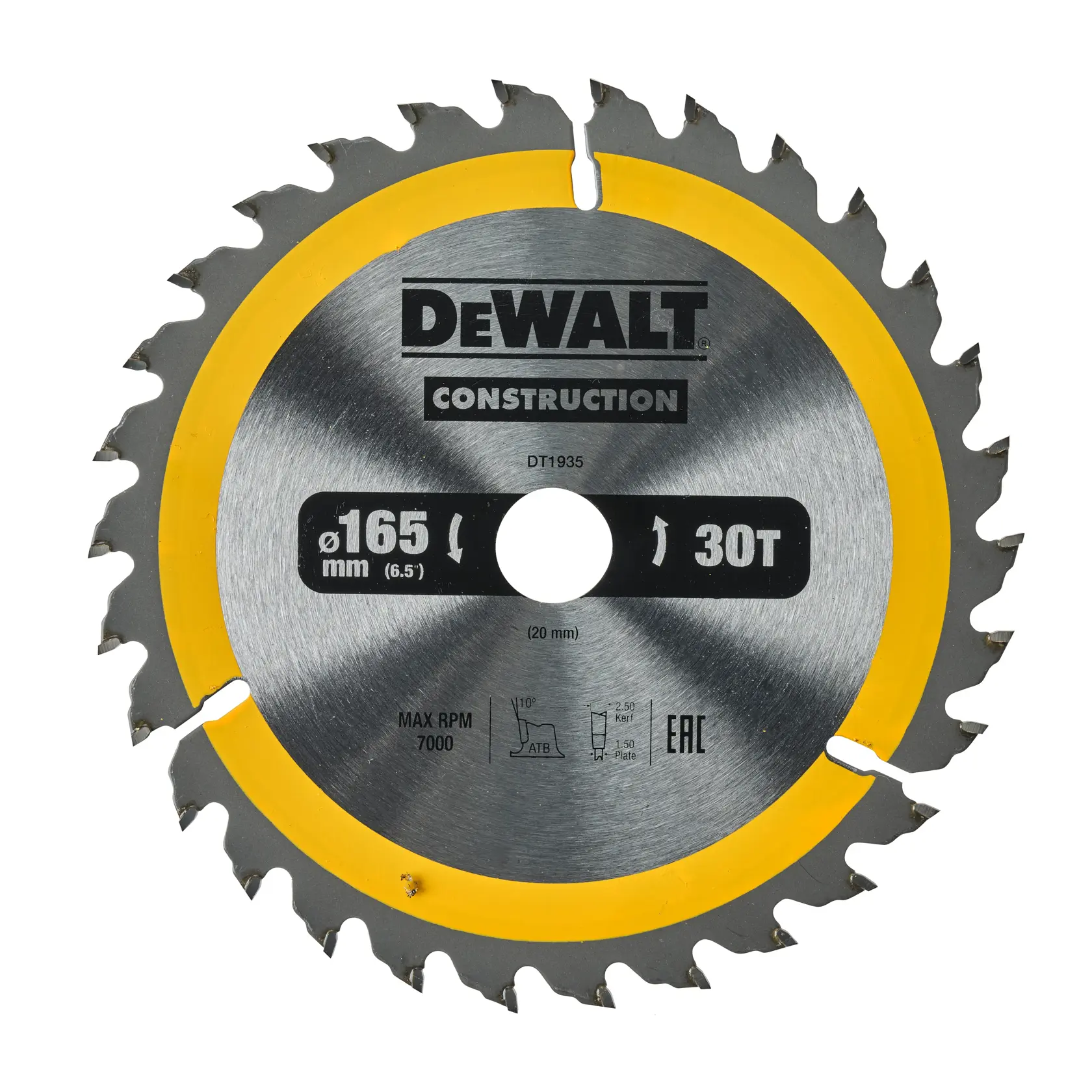 DEWALT DT1935 construction circular saw blade with 165 mm diameter and 30 teeth, silver finish with yellow ring and product details printed on the surface.