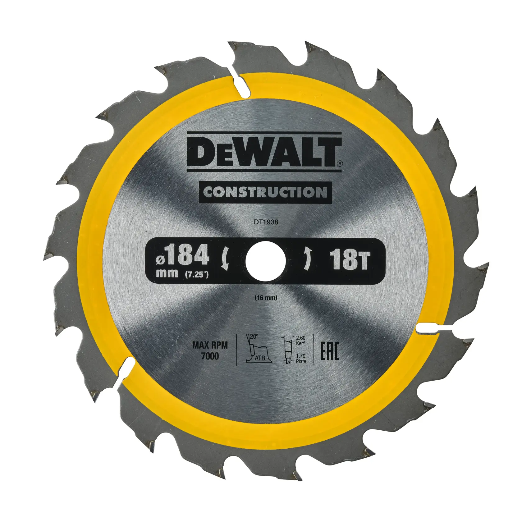 DEWALT DT1938 circular saw blade, 184mm diameter, 18 teeth, silver with yellow ring for construction use.