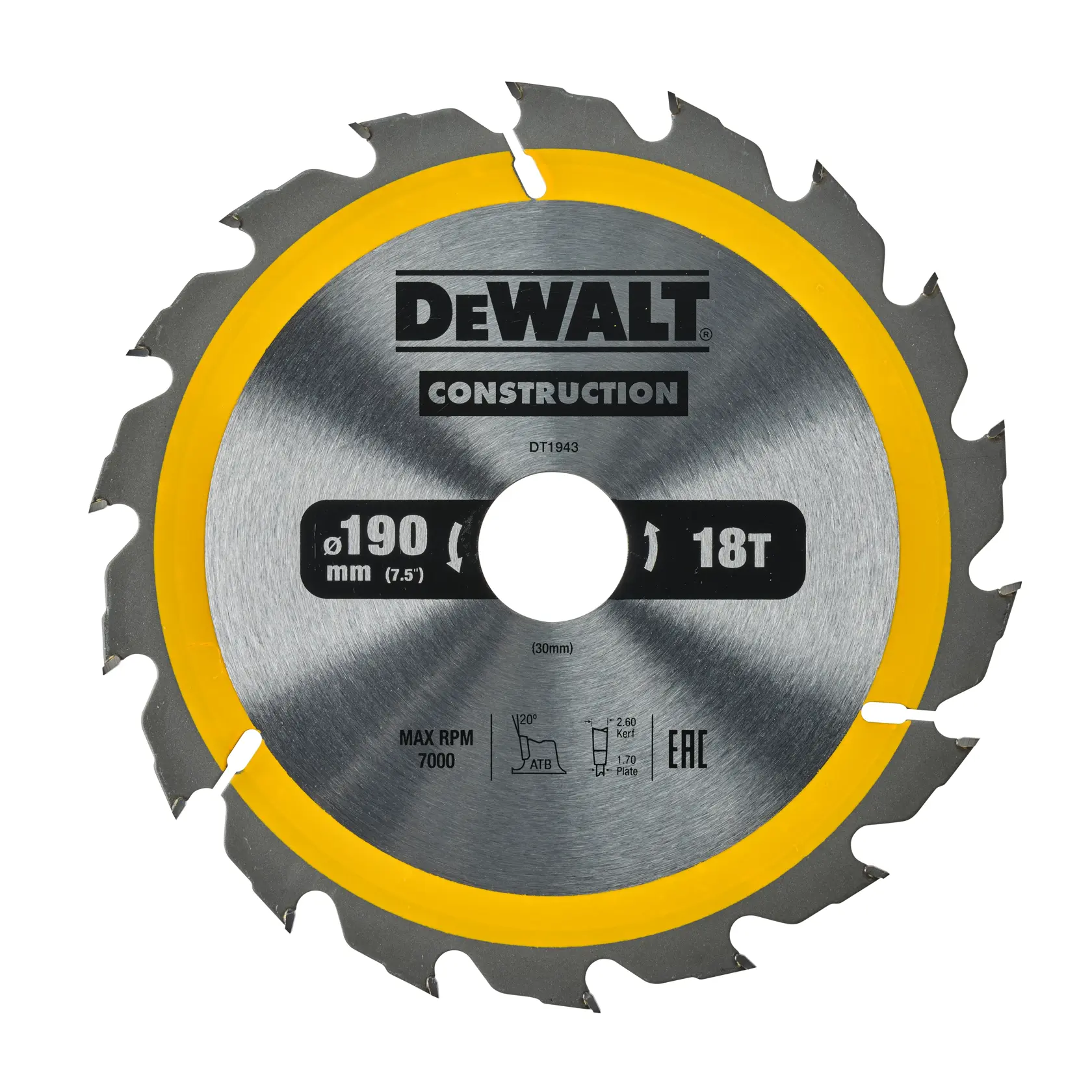 DEWALT DT1943 circular saw blade for construction, 190 mm diameter with 18 teeth, silver blade with yellow rim, labeled with product information.