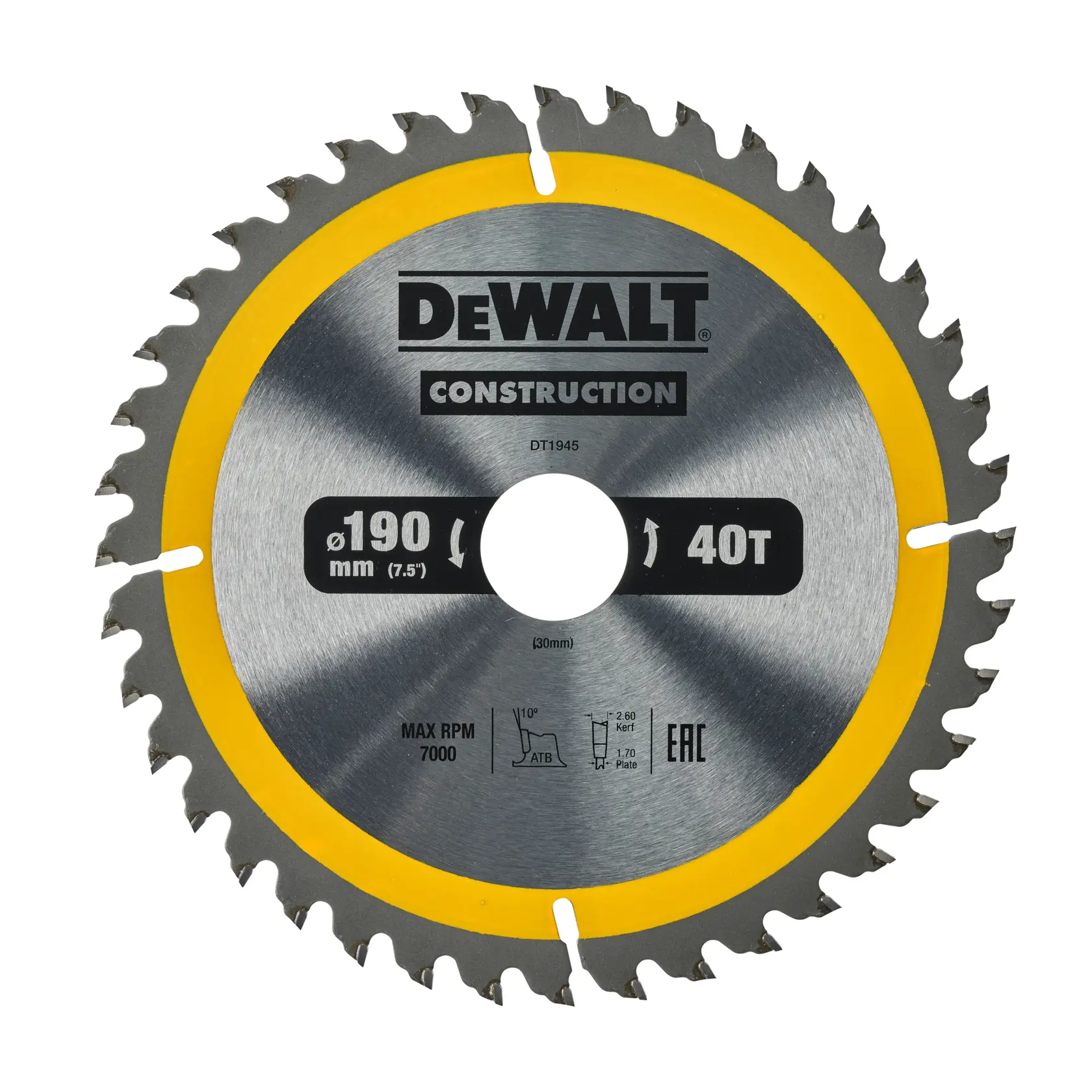 DEWALT DT1945 circular saw blade, 190mm diameter, 40 teeth, silver with yellow ring, for construction use.
